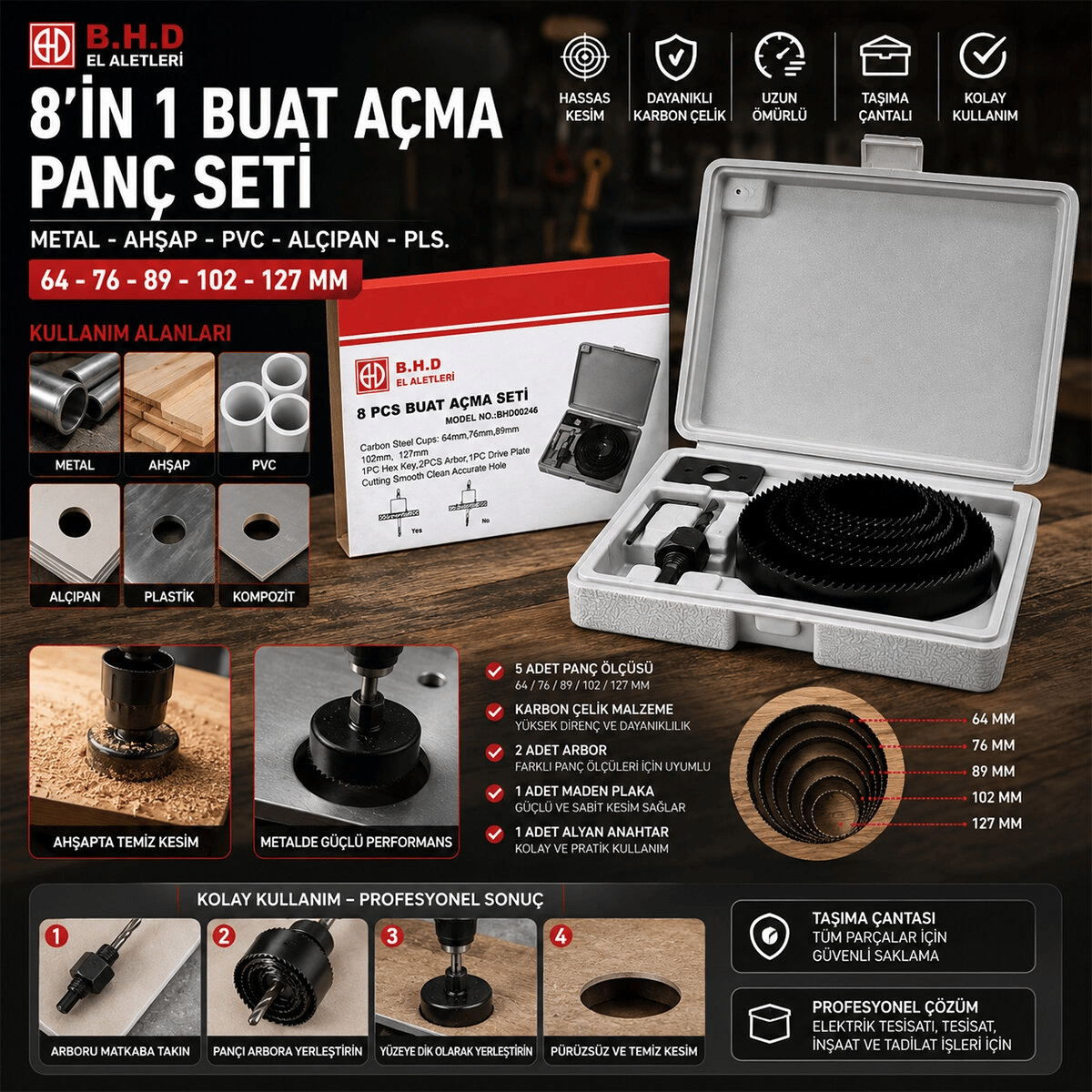 8in1 Buat Açma Panç Seti Metal - Ahşap - Pvc - Alçıpan - Pls. 64-73-89-102-127mm Ktx-3243 Bx40