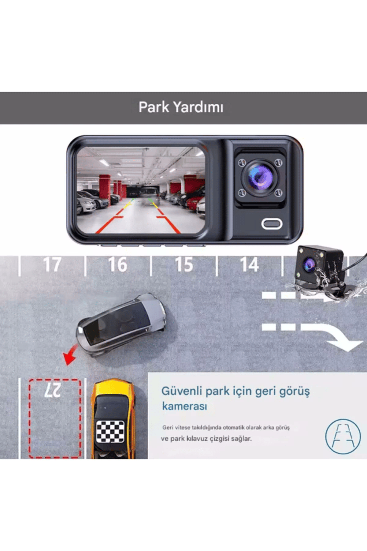 A-98 WiFi Full HD 3 Kameralı Araç İçi Güvenlik Kamerası + Park Modu Kablosu Ön-Arka-İç Kayıt,DashCam