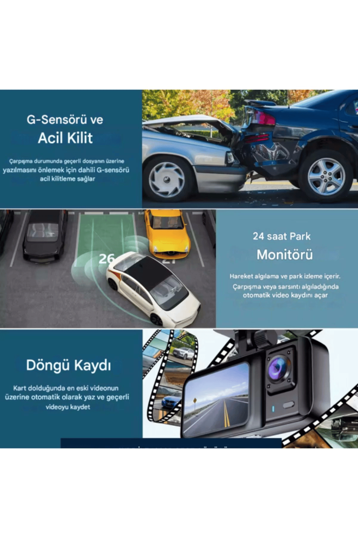 A98 Full Hd 3 Kameralı Araç Içi Güvenlik Kamerası 64gb Uyumlu Ir Gece Görüşü, Ön-arka-iç Kayıt