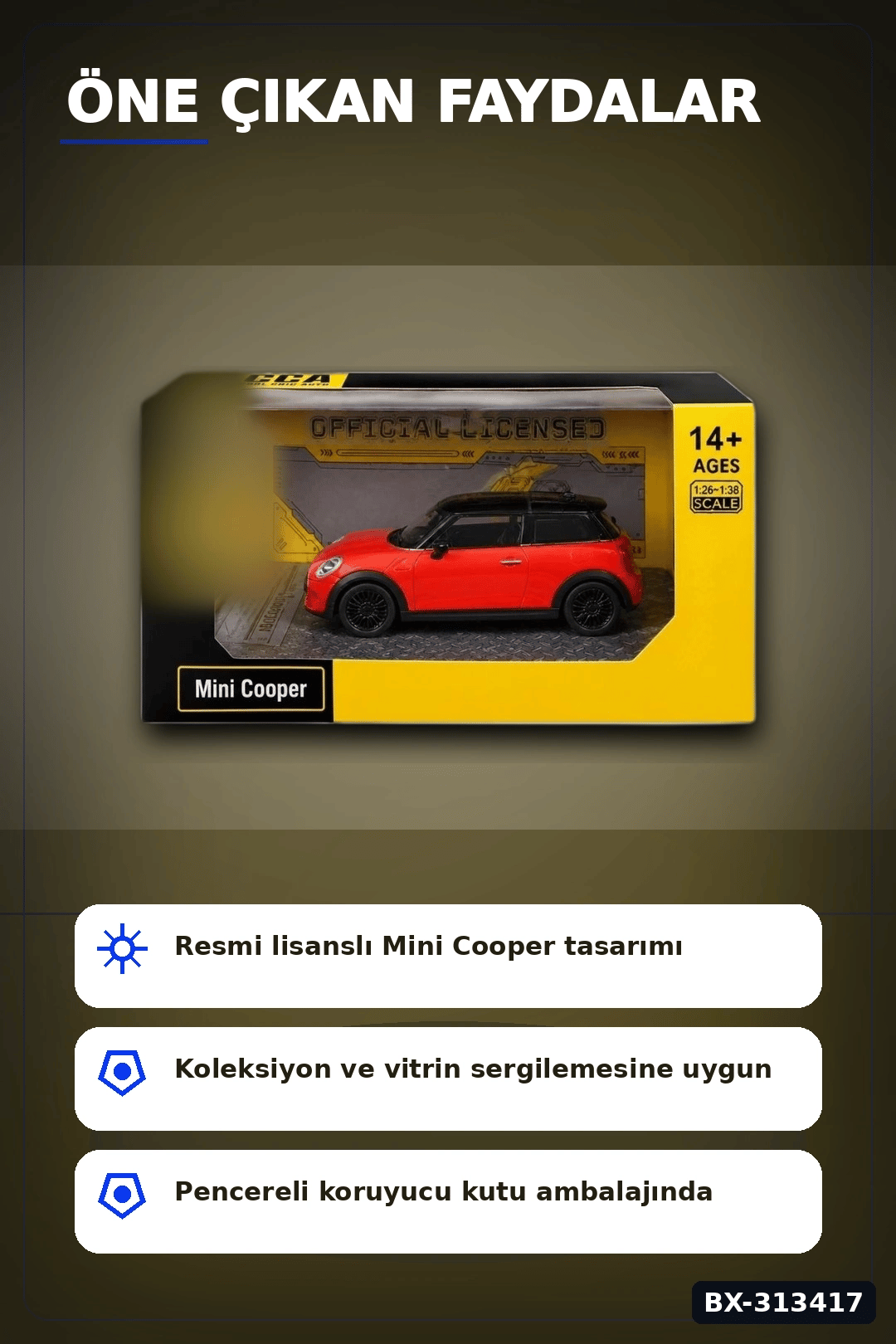 Açık Kırmızı 1/32 Mini Cooper Model Araba Koleksiyonluk Vitrin Oyuncak - Tekli BX-313417