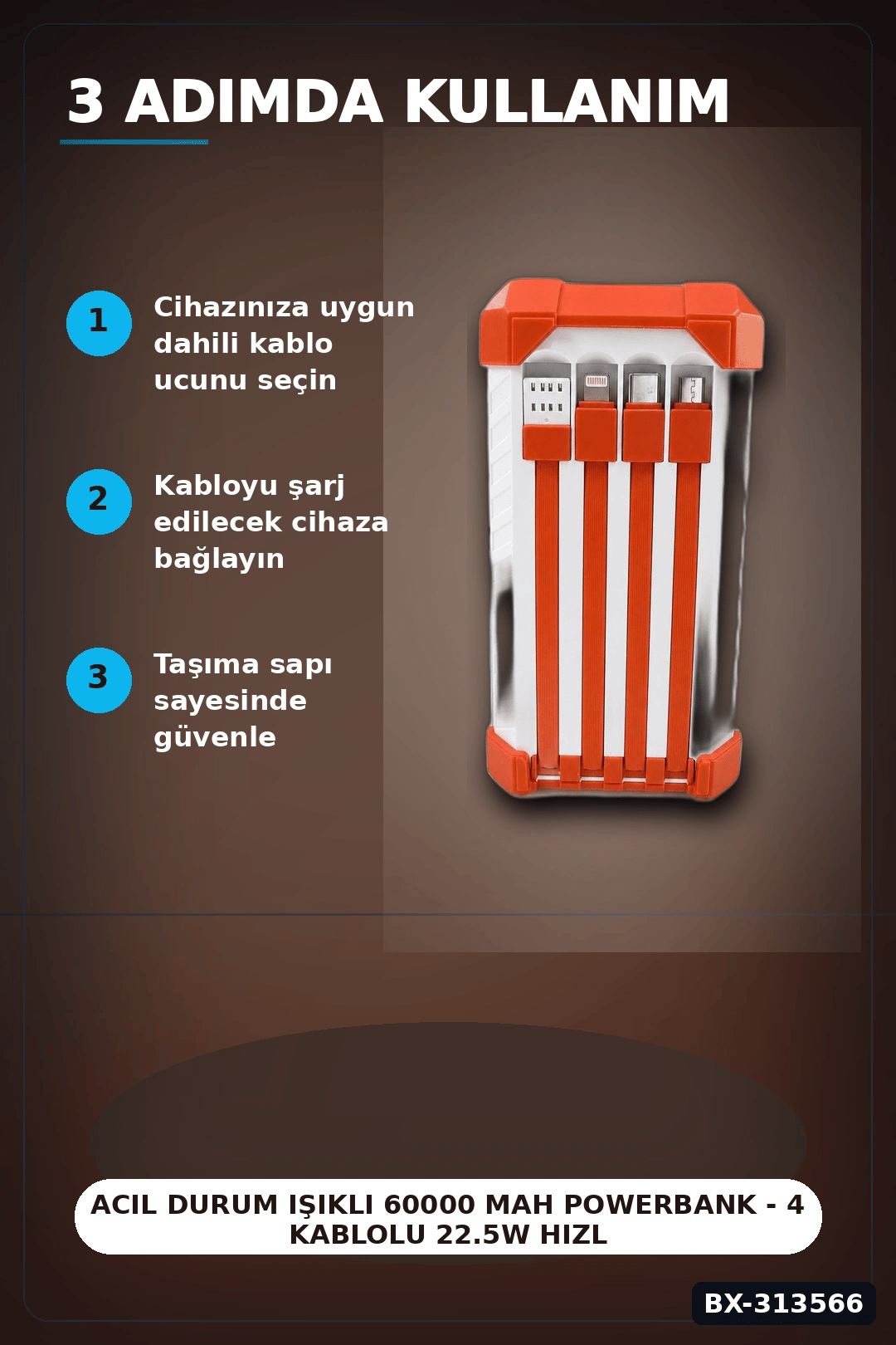 Acil Durum Işıklı 60000 mAh Powerbank - 4 Kablolu 22.5W Hızlı Şarj, Taşıma Saplı BX-313566