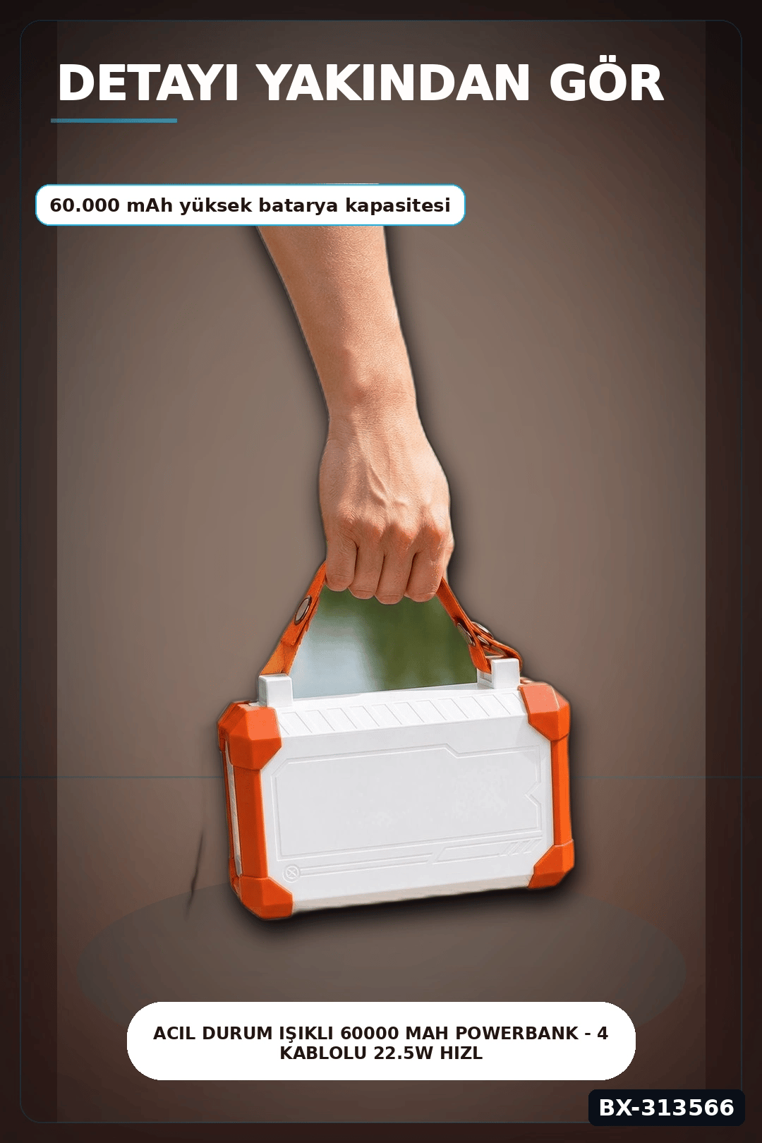 Acil Durum Işıklı 60000 mAh Powerbank - 4 Kablolu 22.5W Hızlı Şarj, Taşıma Saplı BX-313566