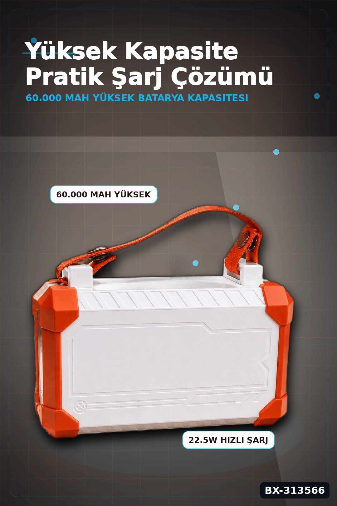 Acil Durum Işıklı 60000 mAh Powerbank - 4 Kablolu 22.5W Hızlı Şarj, Taşıma Saplı BX-313566