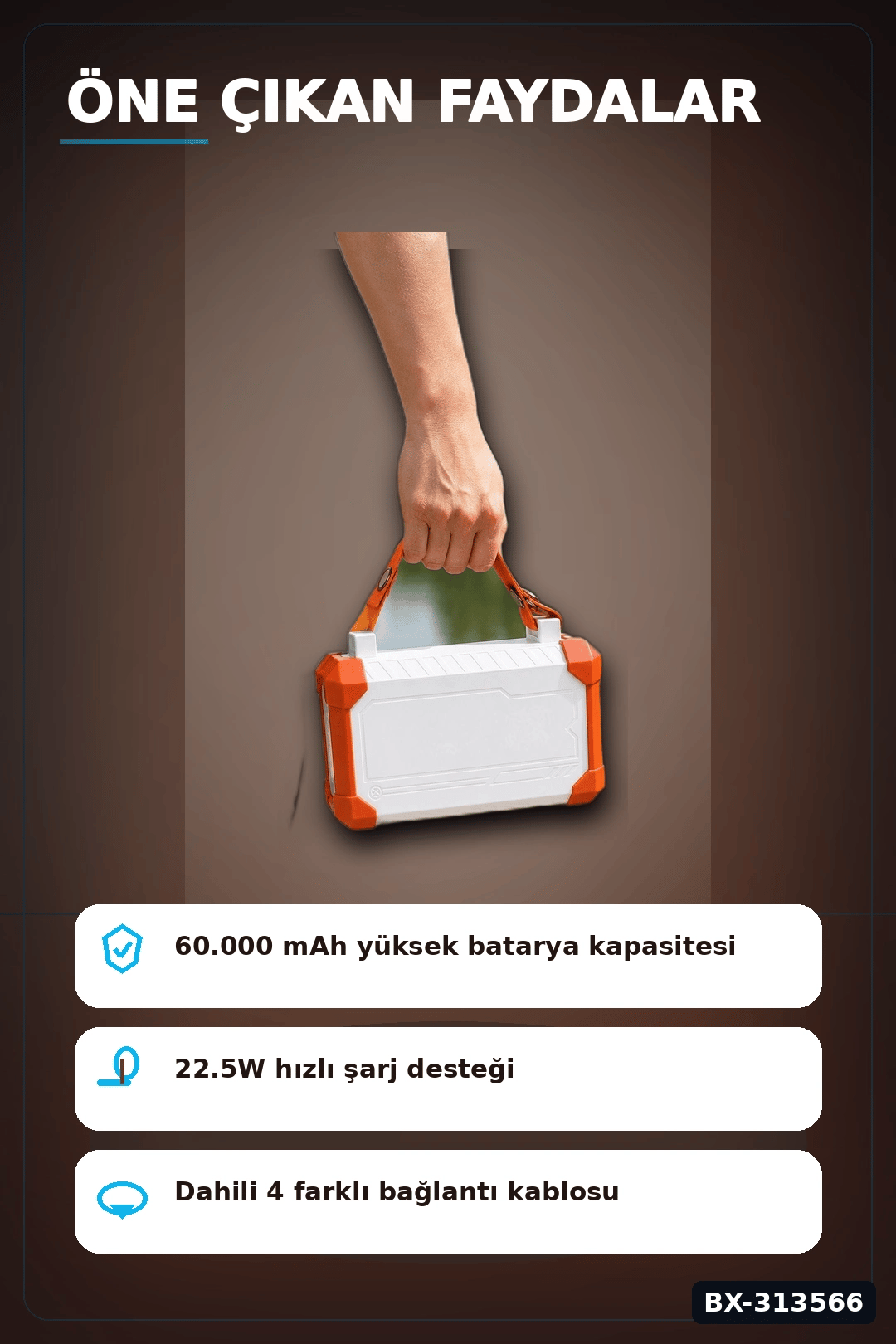 Acil Durum Işıklı 60000 mAh Powerbank - 4 Kablolu 22.5W Hızlı Şarj, Taşıma Saplı BX-313566