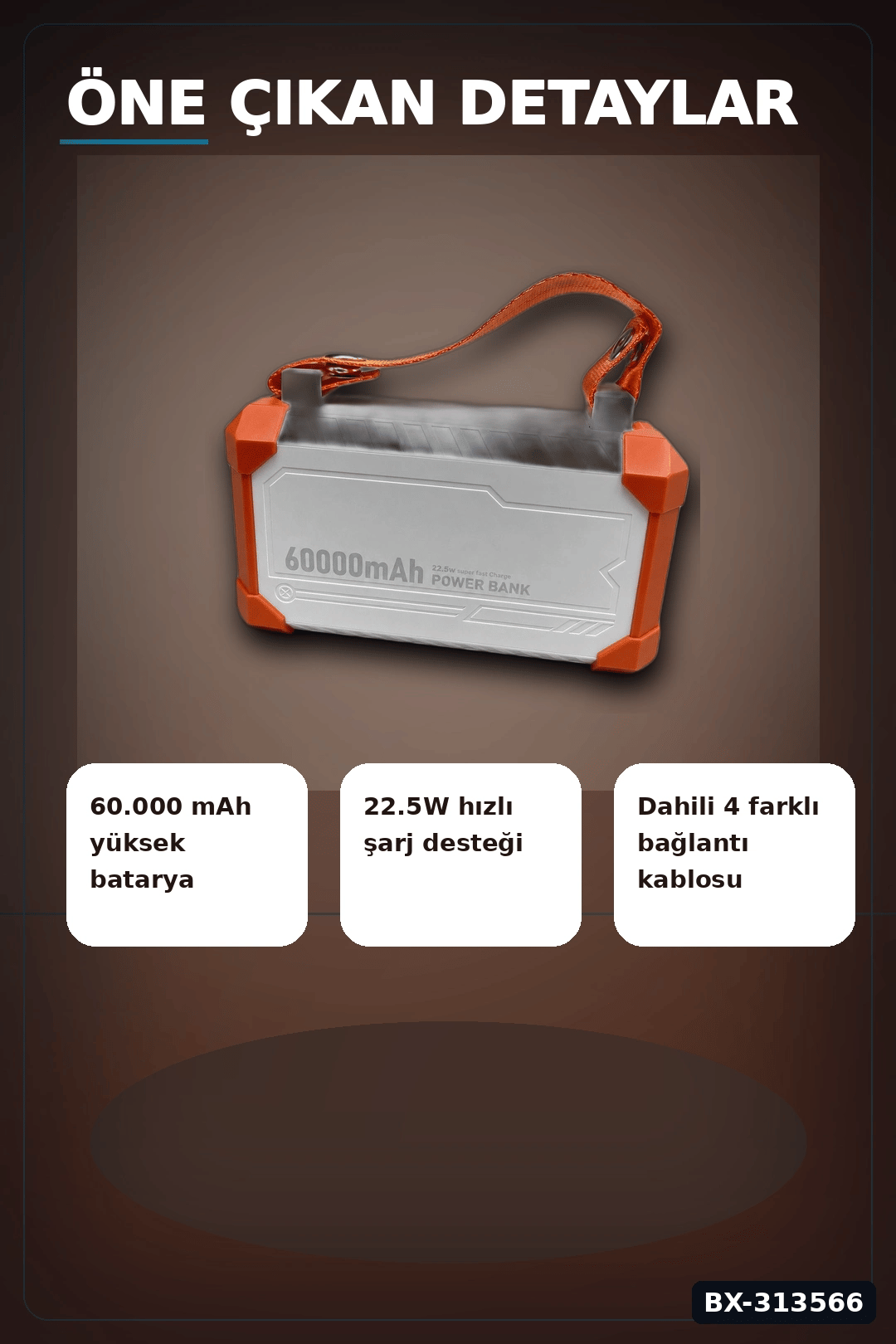 Acil Durum Işıklı 60000 mAh Powerbank - 4 Kablolu 22.5W Hızlı Şarj, Taşıma Saplı BX-313566