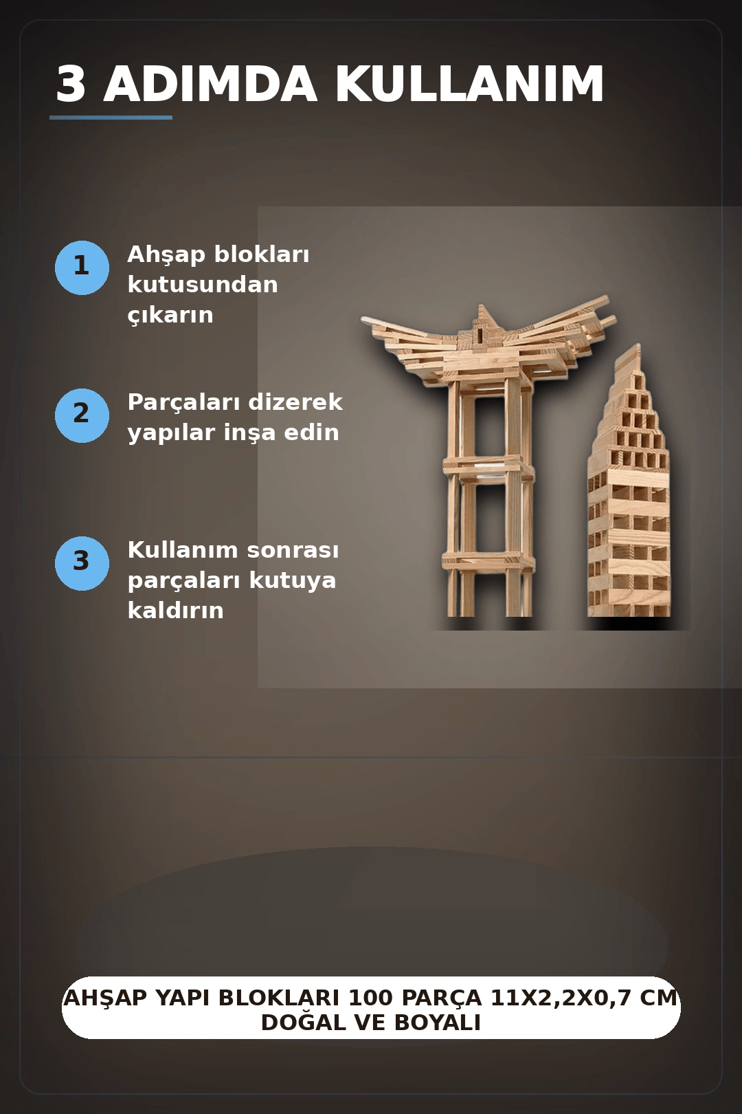 Ahşap Yapı Blokları 100 Parça 11x2,2x0,7 cm Doğal ve Boyalı Çocuk Gelişim BX-313414
