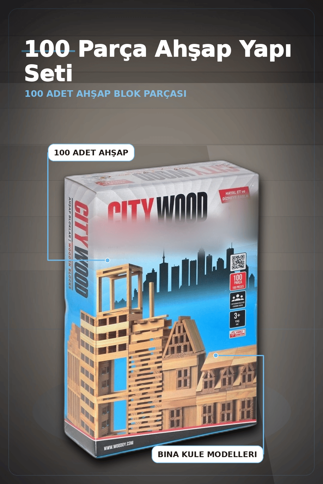 Ahşap Yapı Blokları 100 Parça 11x2,2x0,7 cm Doğal ve Boyalı Çocuk Gelişim BX-313414