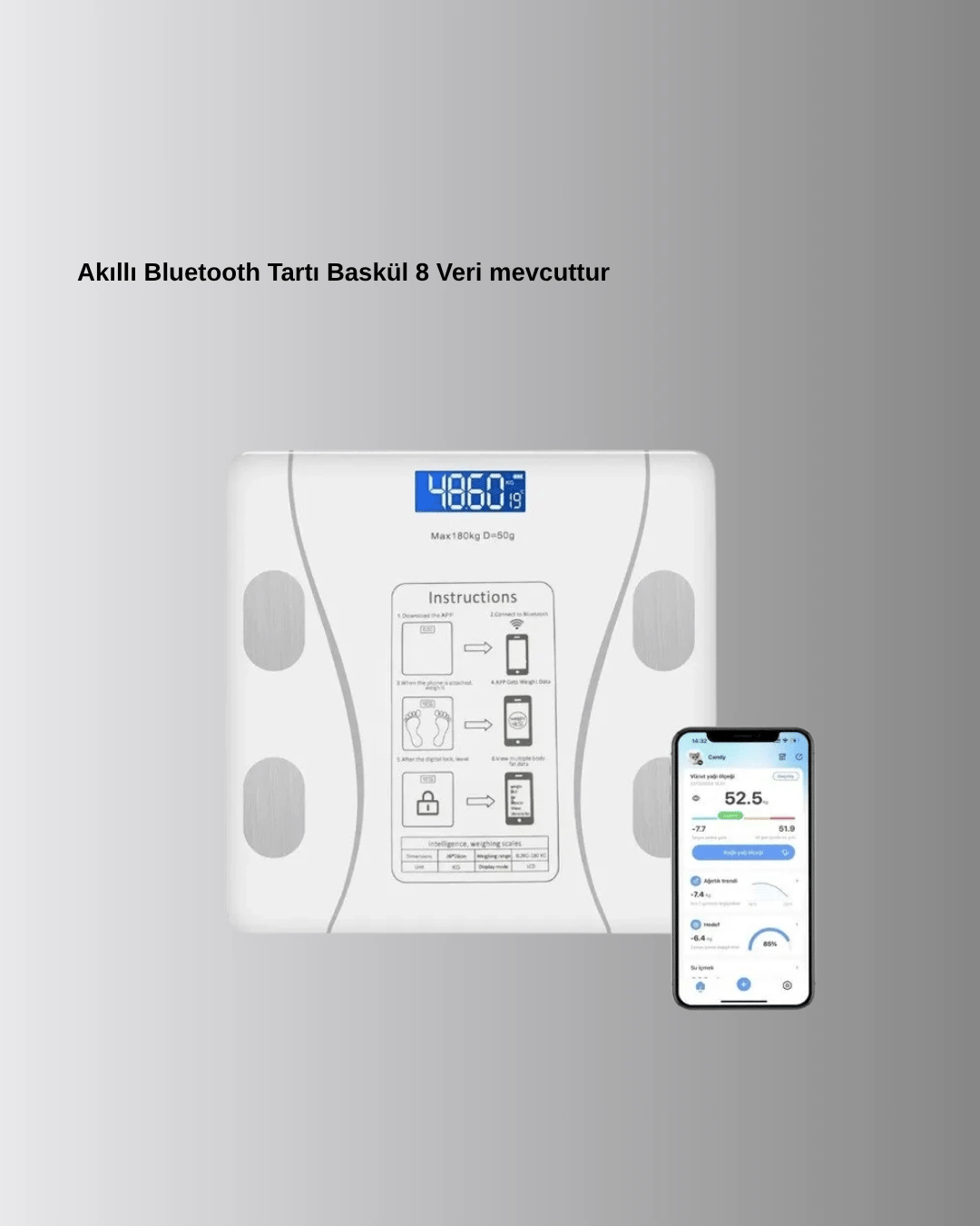 Akıllı Dijital Baskül – Bluetooth Bağlantılı, 8 Ölçüm Verili, Akıllı Vücut Analiz Tartısı