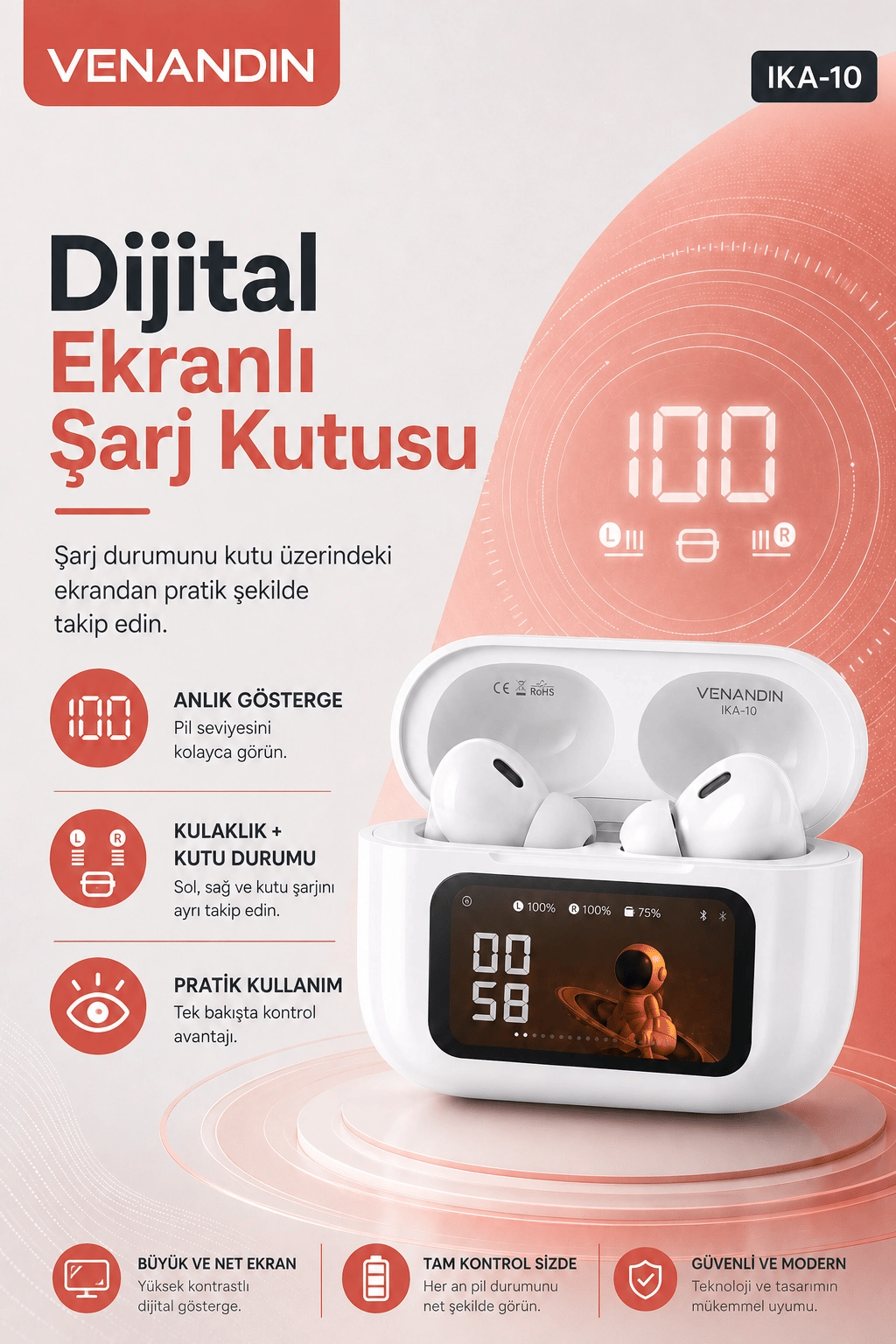 Akıllı Ekranlı Şarj Kutusuna Sahip Kablosuz Kulaklık Kulak İçi Stereo Ses Özellikli