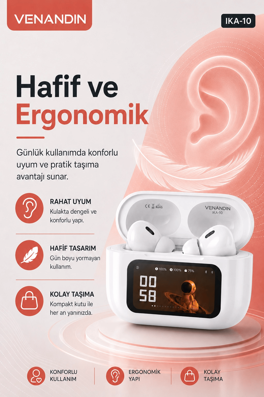 Akıllı Ekranlı Şarj Kutusuna Sahip Kablosuz Kulaklık Kulak İçi Stereo Ses Özellikli