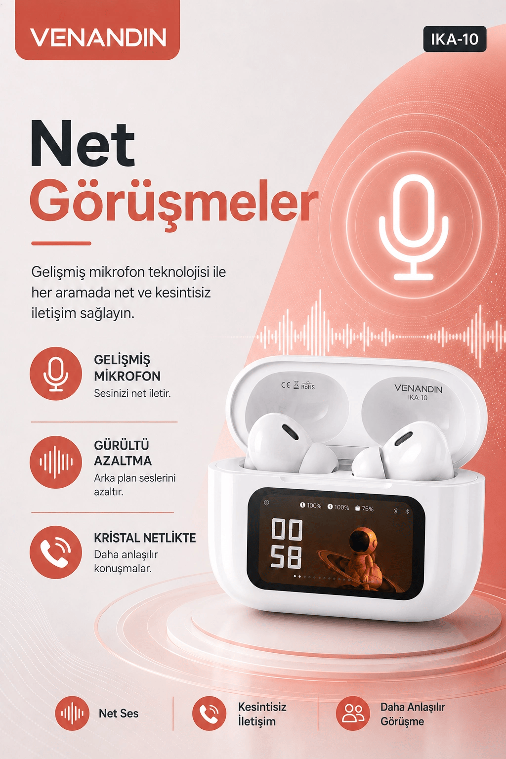 Akıllı Ekranlı Şarj Kutusuna Sahip Kablosuz Kulaklık Kulak İçi Stereo Ses Özellikli