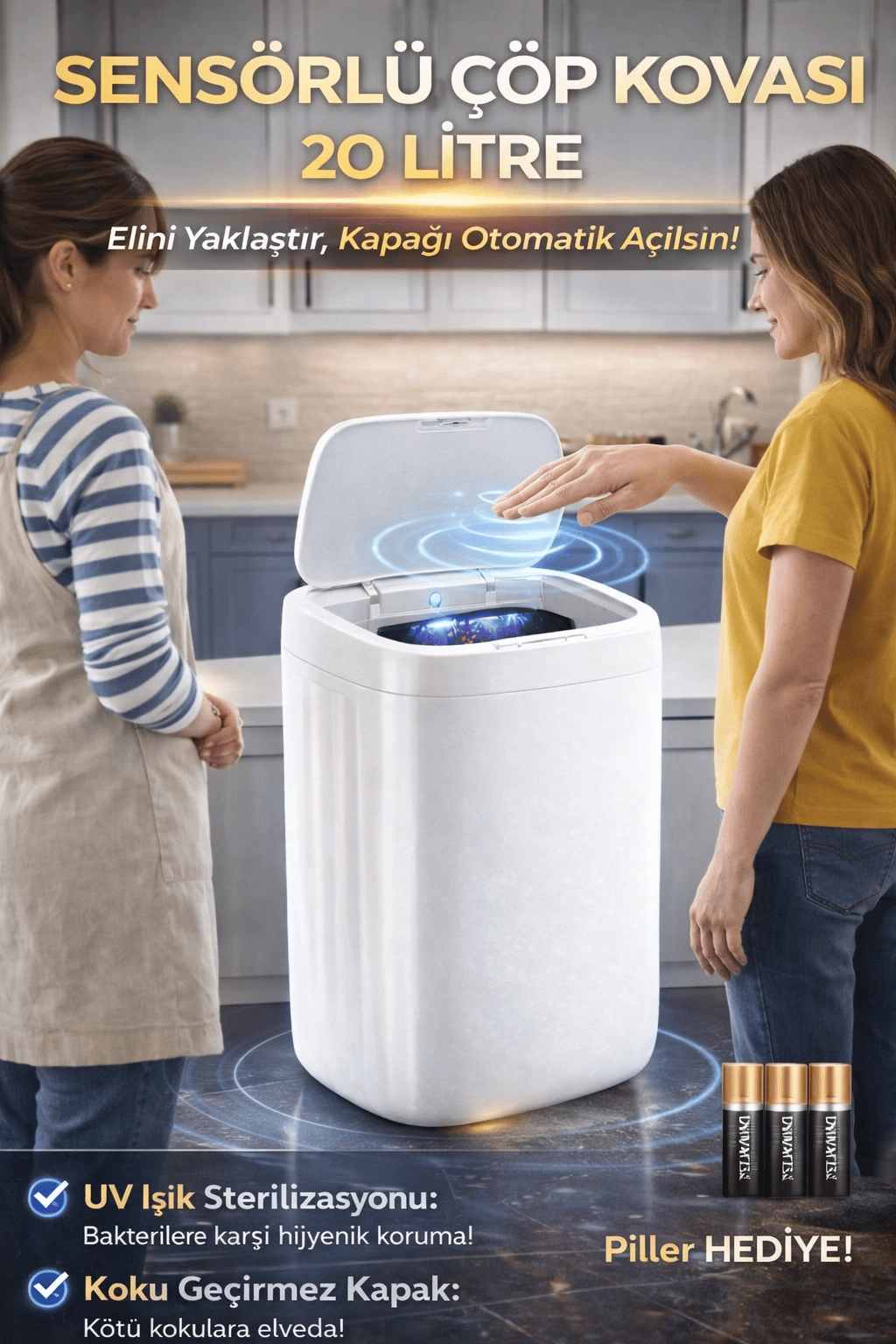 Akıllı Teknolojik Sensörlü Otomatik Açılan Kapak 20 Litre Çöp Kovası UV Işıklı