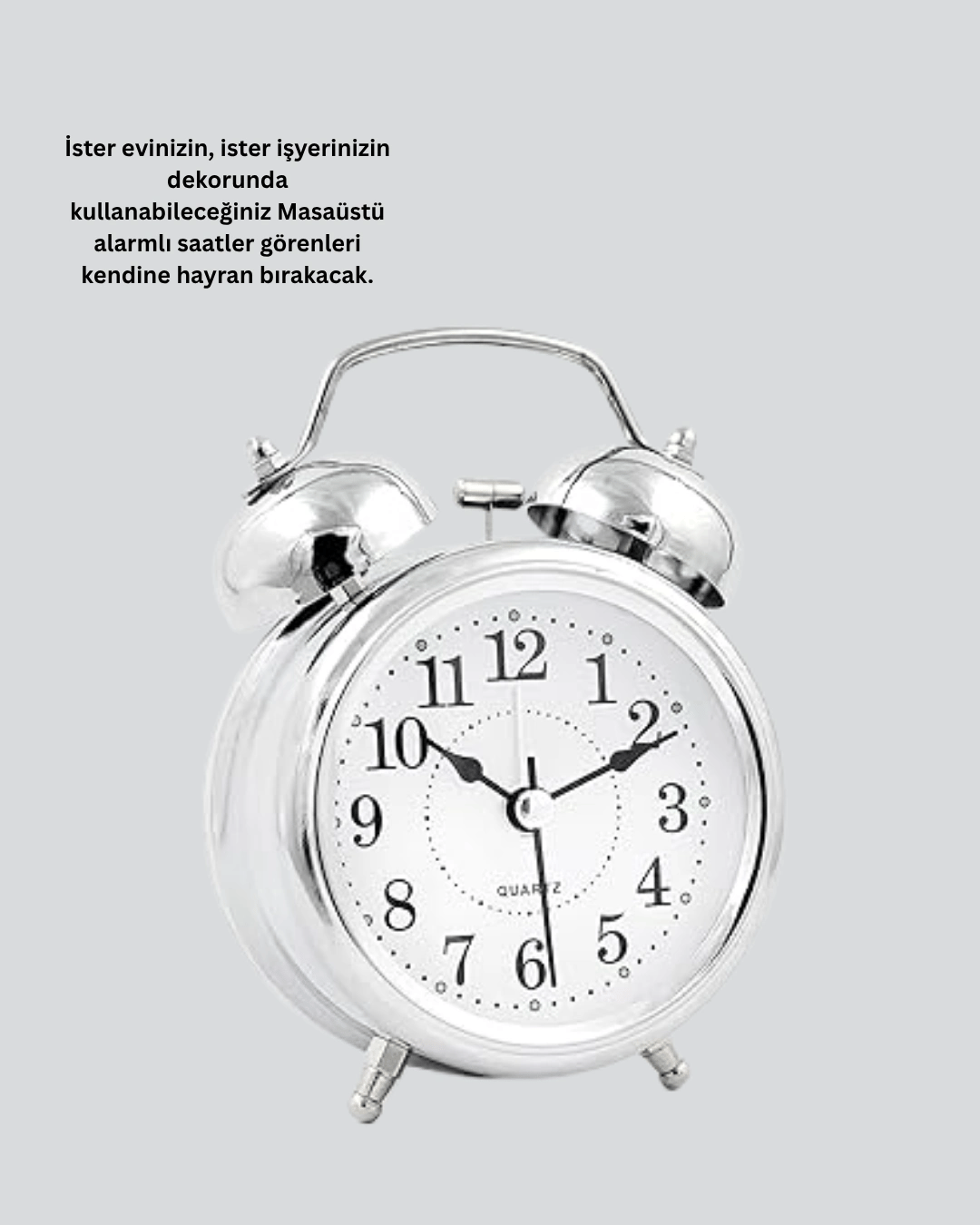 Alarmlı Dekoratif Yuvarlak Masa Saati Gümüş Renk Sessiz ve Işıklı
