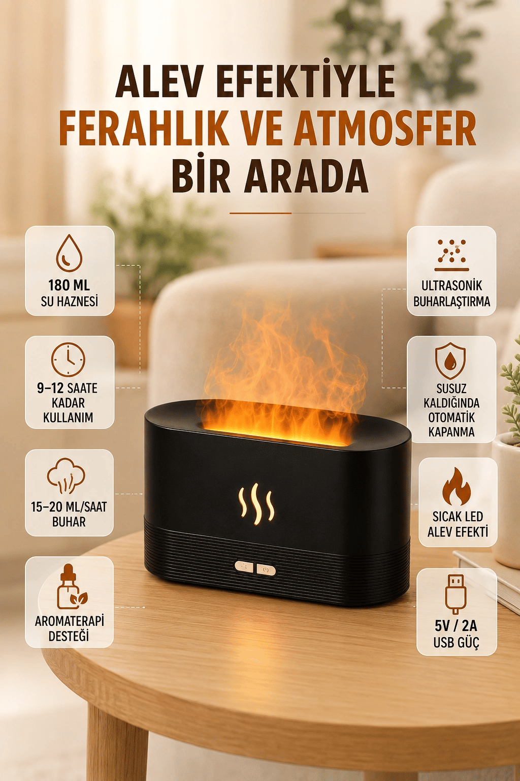 Alev Efektli Ultrasonik Aroma Difüzörü 180 ML LED Işıklı Hava Nemlendirici