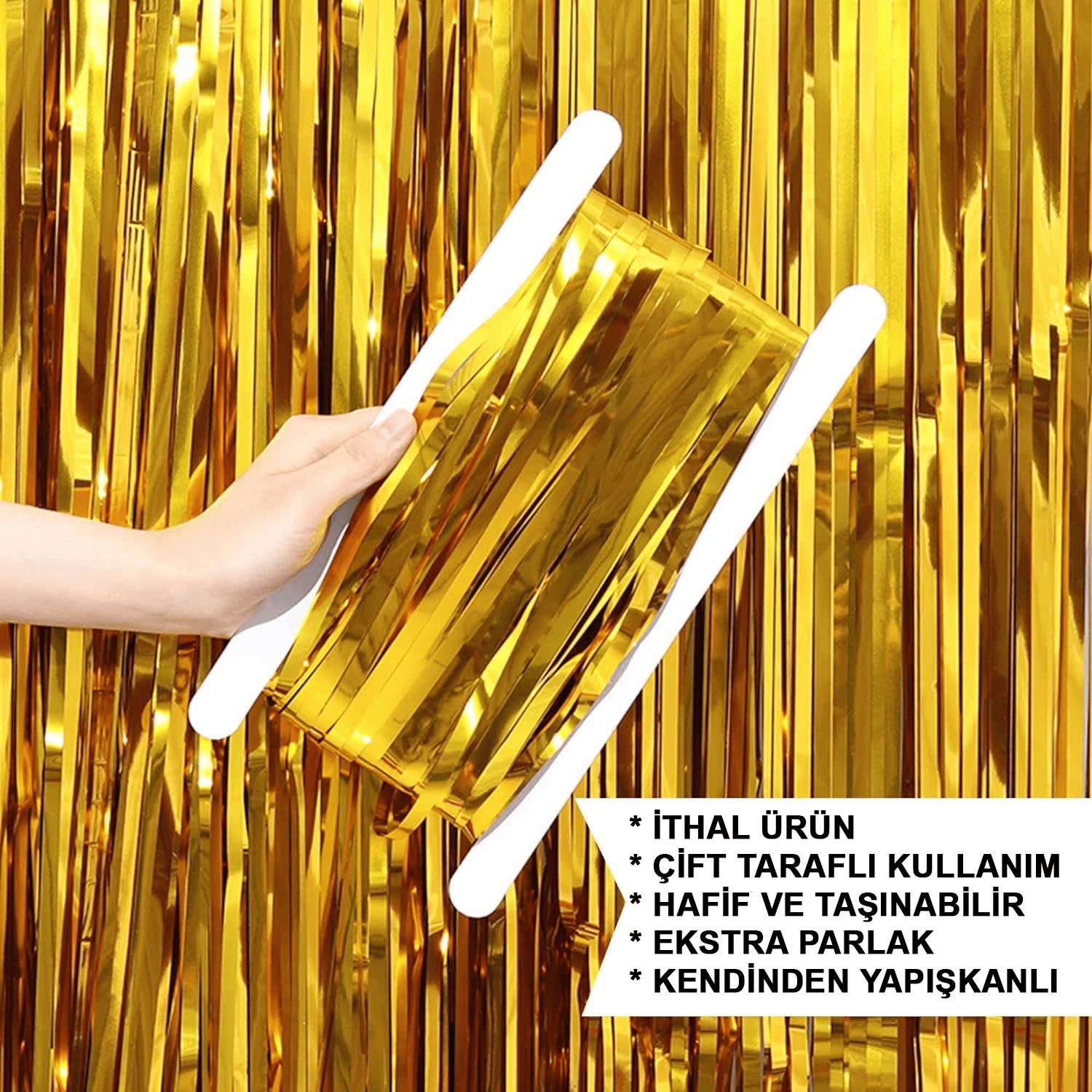 Altın Gold Renk Ekstra Metalize Parlak Saçaklı Arka Fon Perde İthal A Kalite 1x2 Metre Bx40