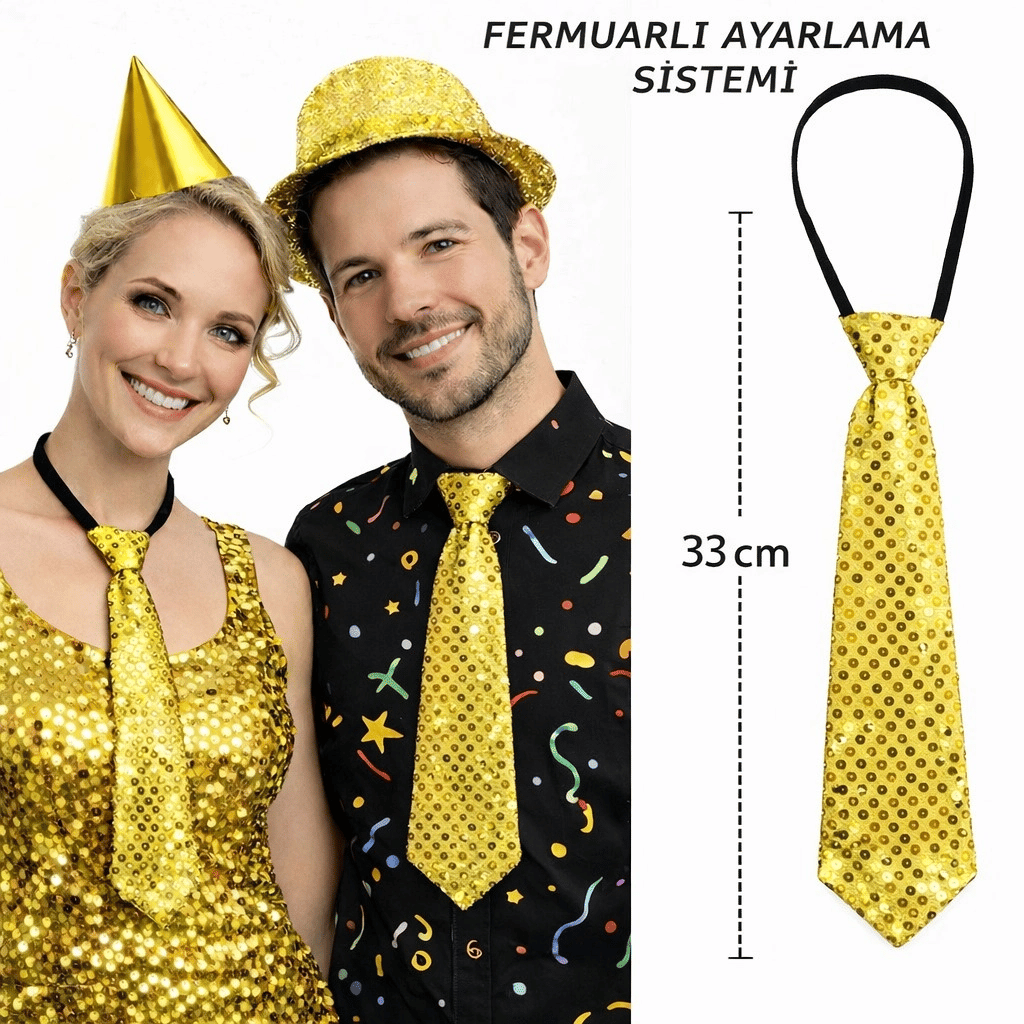 Altın Renk Pul Payetli Işıltılı Parti Kravatı 33 Cm Bx40