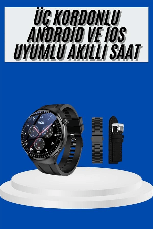 Amoled Ekran Akıllı Saat Üç Kordonlu İOS Android Uyumlu