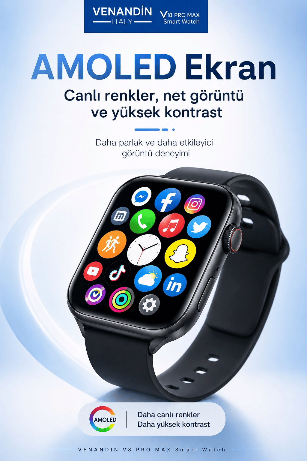 AMOLED Ekranlı Kablosuz Şarj Destekli Akıllı Saat Spor Modlu Bluetooth Uyumlu