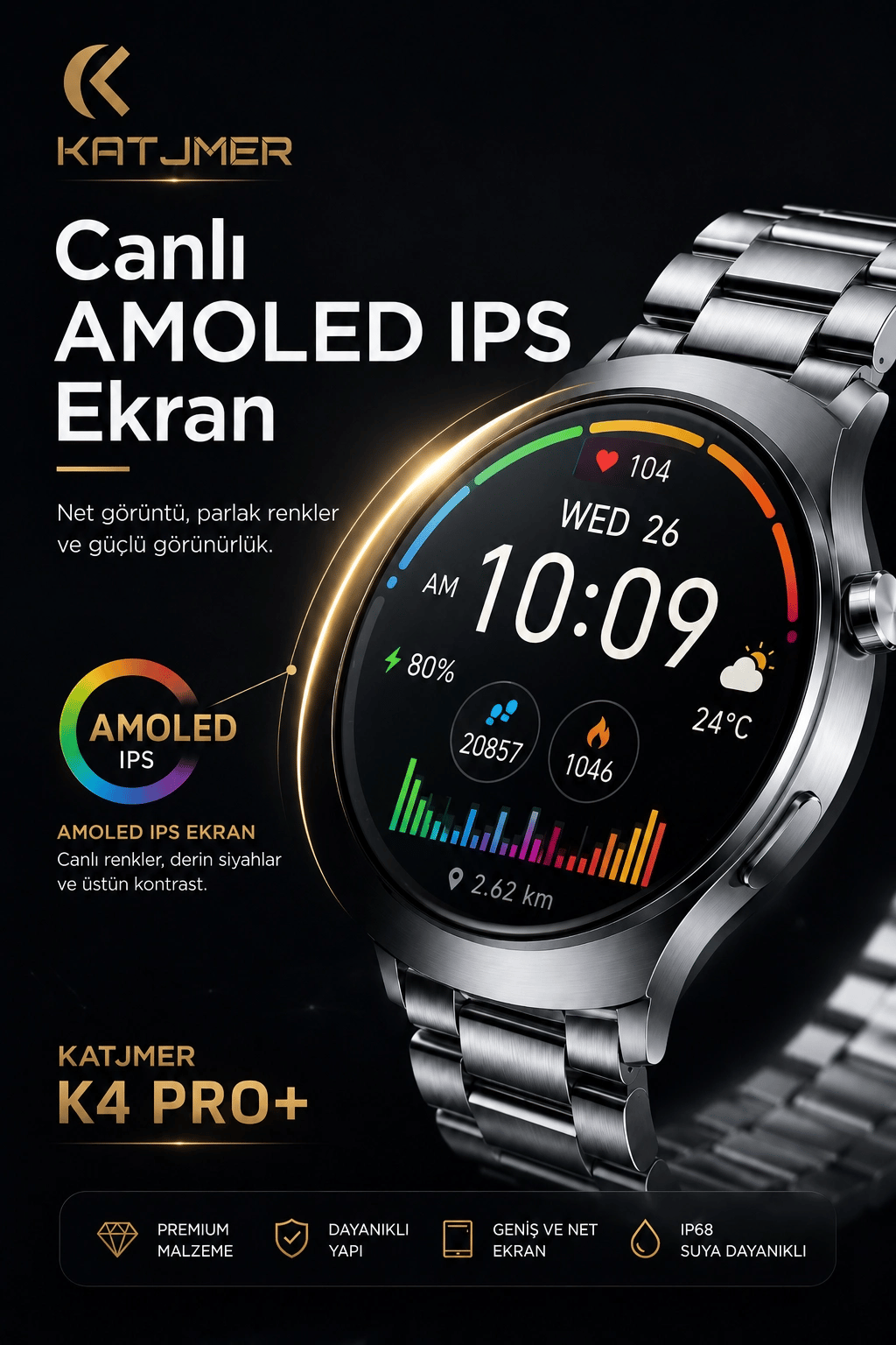 AMOLED Ekranlı Metal Kordonlu Akıllı Saat Üç Kayışlı Spor Takip Ve Bildirim Özellikli