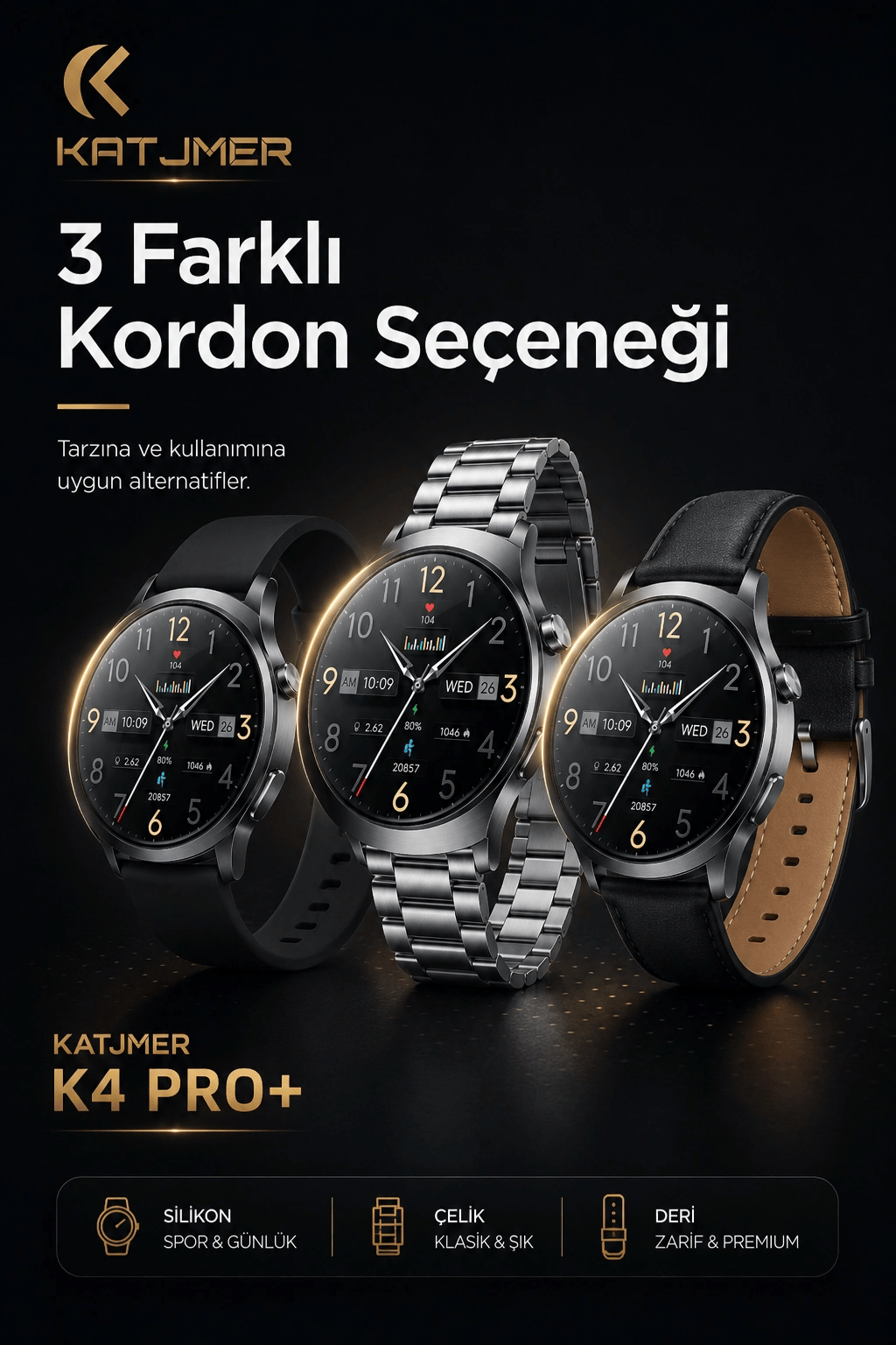 AMOLED Ekranlı Metal Kordonlu Akıllı Saat Üç Kayışlı Spor Takip Ve Bildirim Özellikli