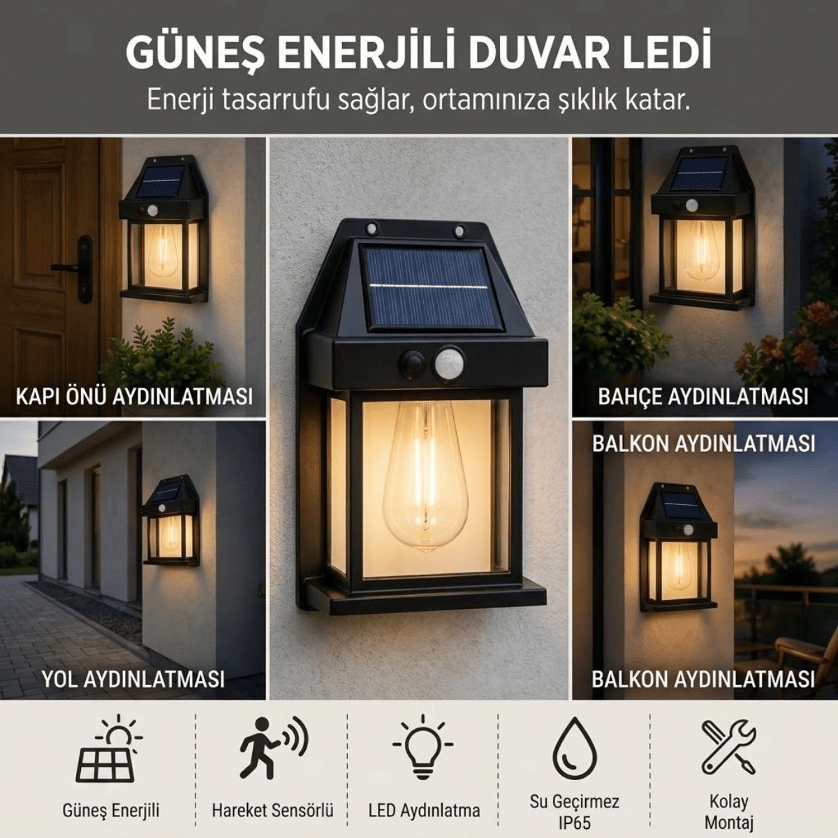 Ampul Model 3 Modlu Solar Led Duvar Lambası, Güneş Enerjili, Şarjlı Kablosuz Dış Mekân Apliği, Bahçe Ve Kapı Lambası Bx40