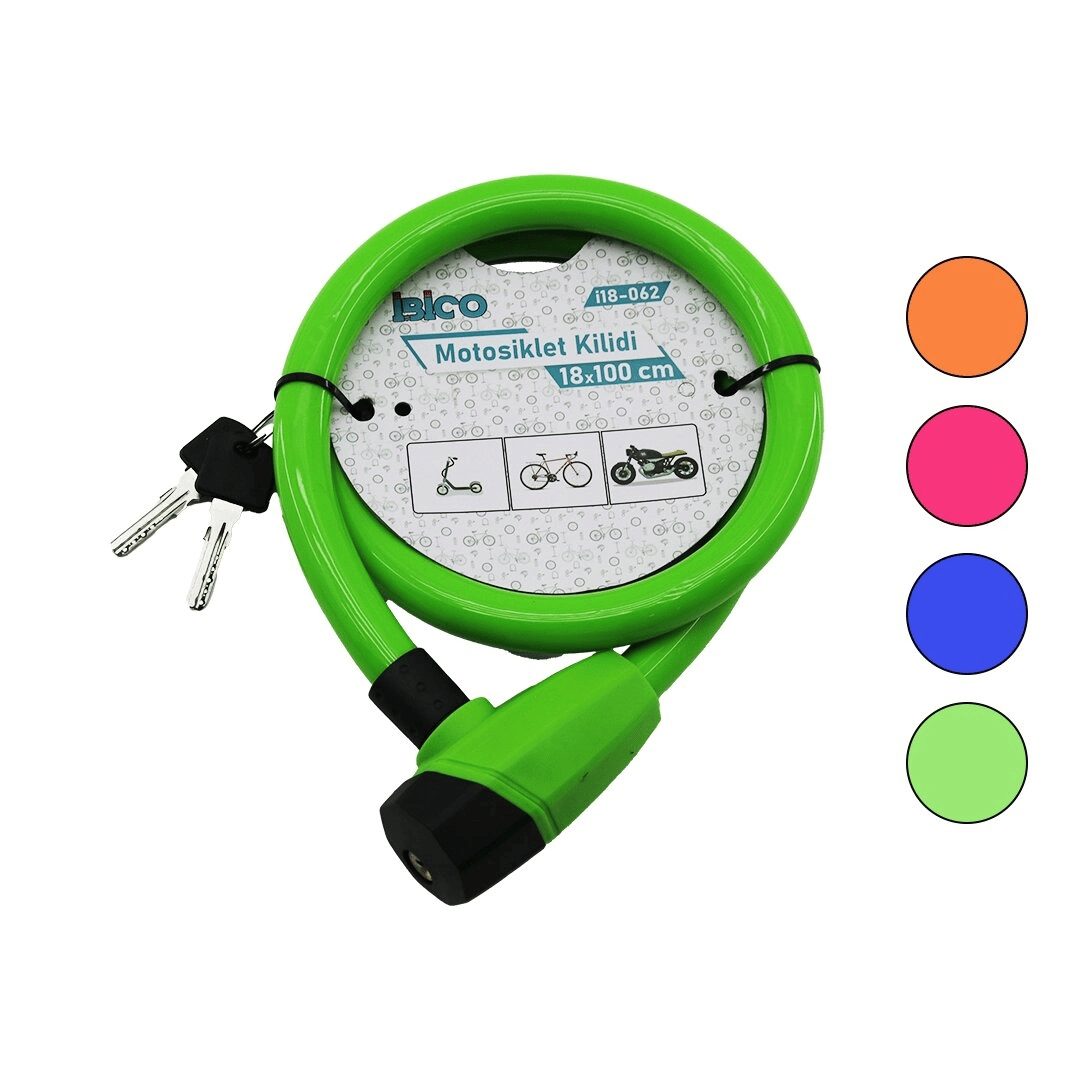 Anahtarlı Kalın Motor - Bisiklet Kilit Çelik Tel Renkli Kılıf 18mmx100cm Bx40