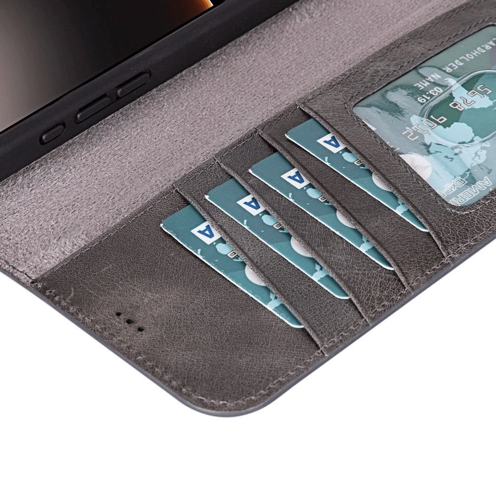Apple iPhone 16 Pro uyumlu, Hakiki Deri, El Yapımı, Cüzdanlı Kılıf, Gölgeli Gri