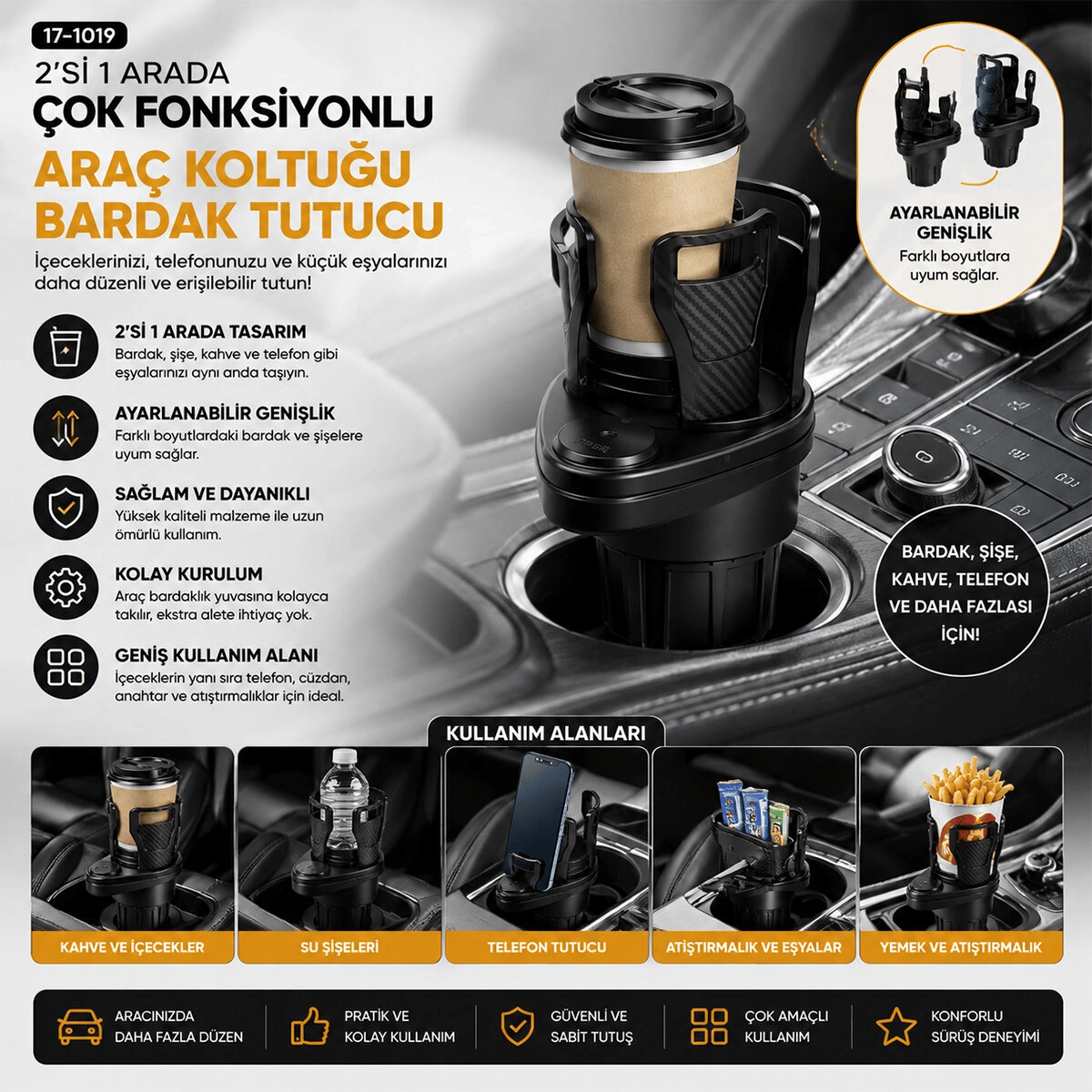 Araç İçi Çok Fonksiyonlu Bardak Tutucu - 2 Bölmeli 360° Dönebilen - Genişleyebilir Üst Hazne - Stand Cws-003 Bx40