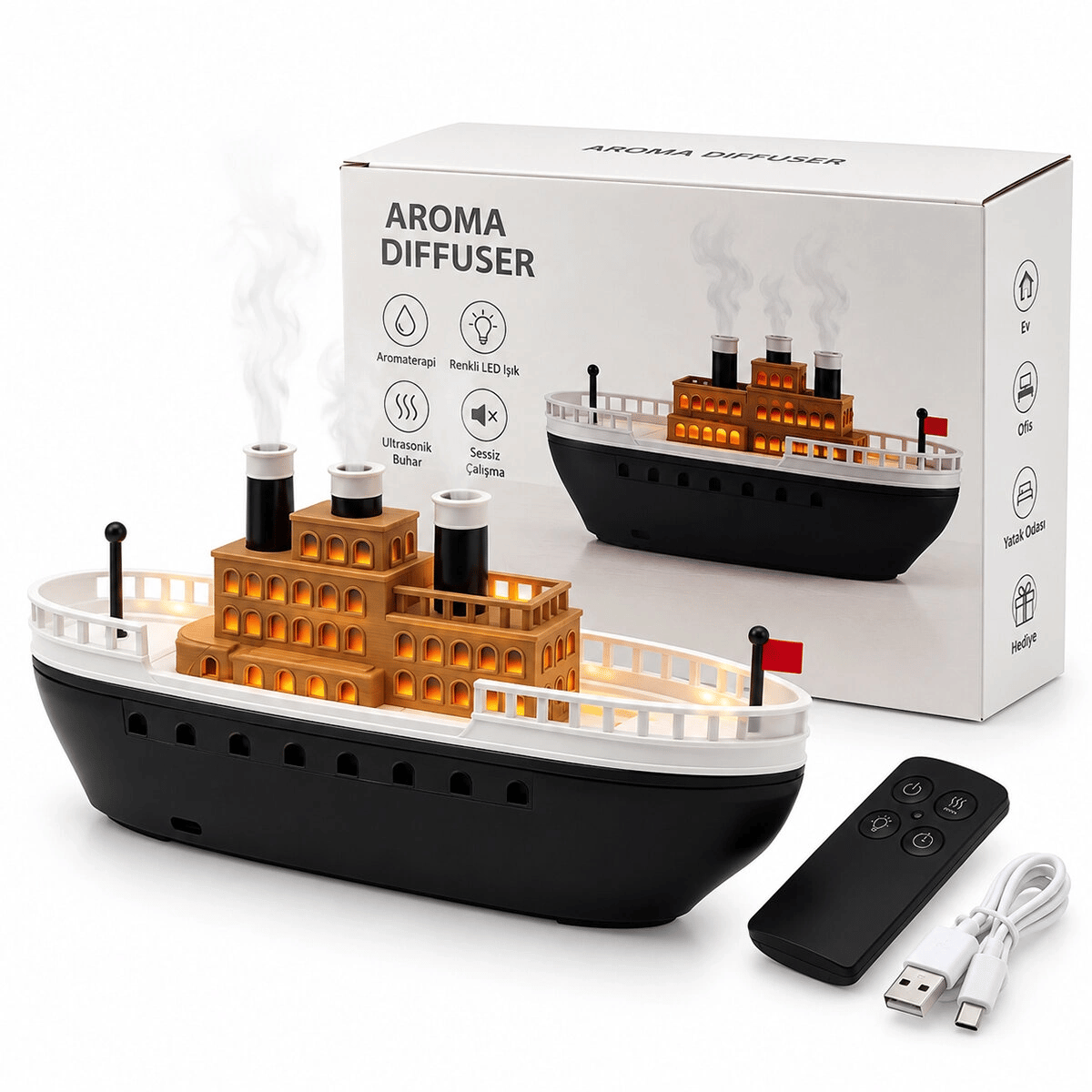 Aroma Dıffuser Gemi Işıklı Hava Nemlendirici Buhar Makine - Koku Giderici 250ml Krd-8769 Bx40