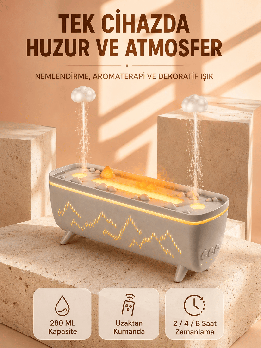Aroma Difüzörü 280 ML Yağmur Damlası Efektli Hava Nemlendirici Uzaktan Kumandalı LED Işıklı