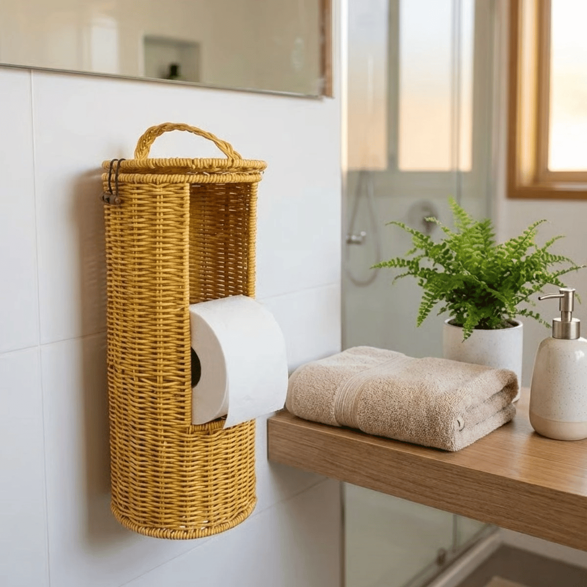 Askılı Plastik Rattan Tuvalet Kâğıdı Standı – Hasır Görünümlü, Kapaklı, Yedekli Wc Kâğıtlık, Banyo Ve Tuvalet İçin Dekoratif Organizer Bx40