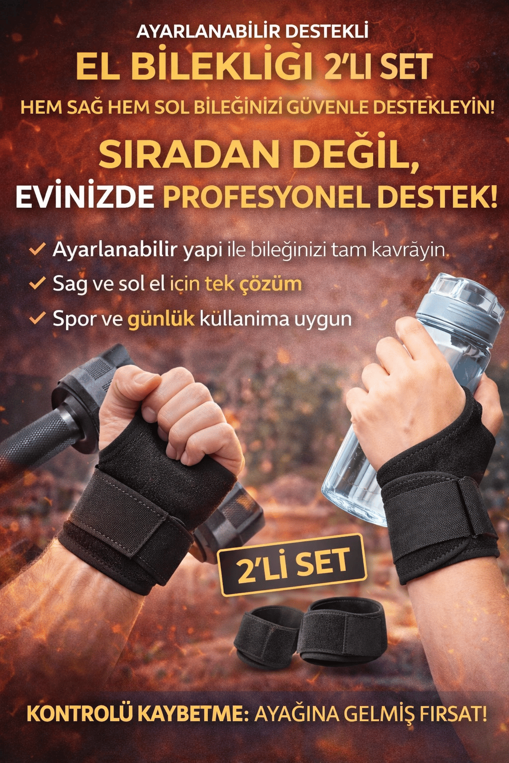 Ayarlanabilir Destekli El Bilekliği 2’li Set – Kadın & Erkek Sağ–Sol Uyumlu Spor ve Günlük Kullanım