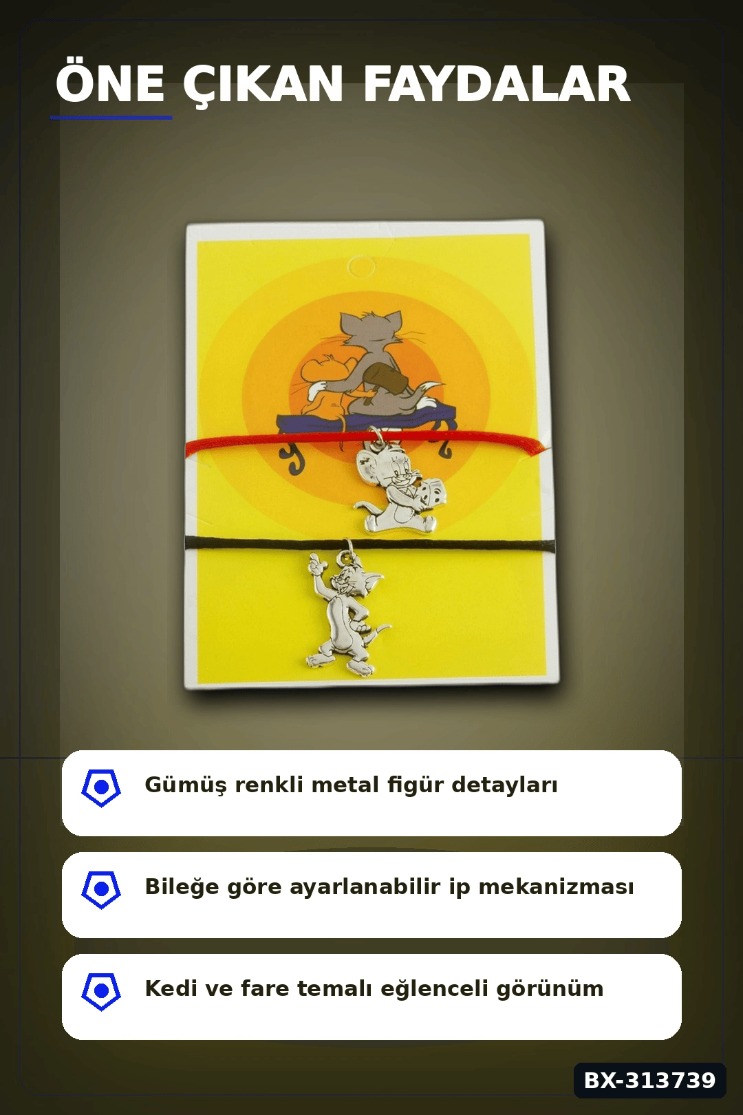 Ayarlanabilir Metal İp Kedi Fare Bileklik 1 Adet - Asansörlü Bijuteri Aksesuarı BX-313739