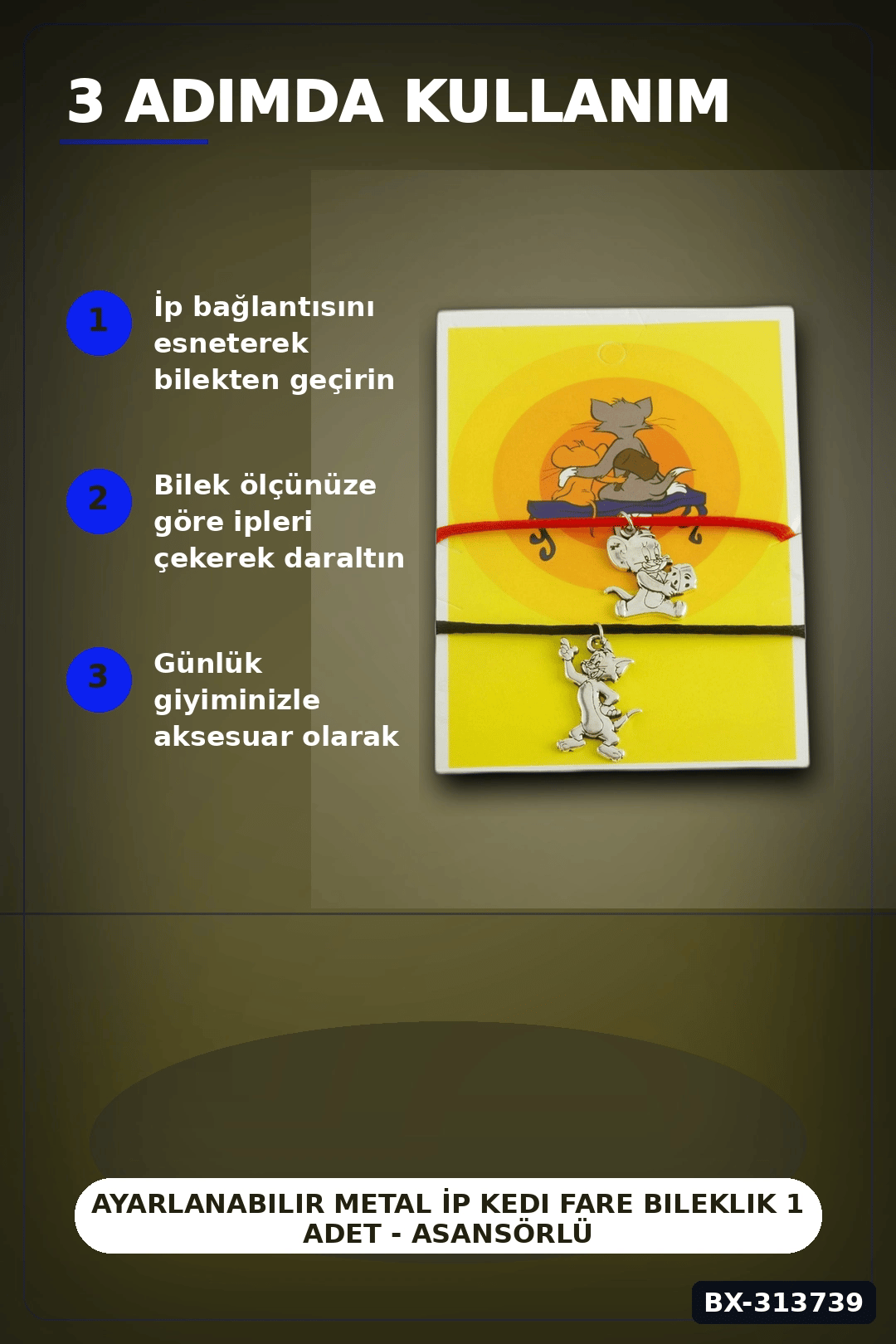Ayarlanabilir Metal İp Kedi Fare Bileklik 1 Adet - Asansörlü Bijuteri Aksesuarı BX-313739
