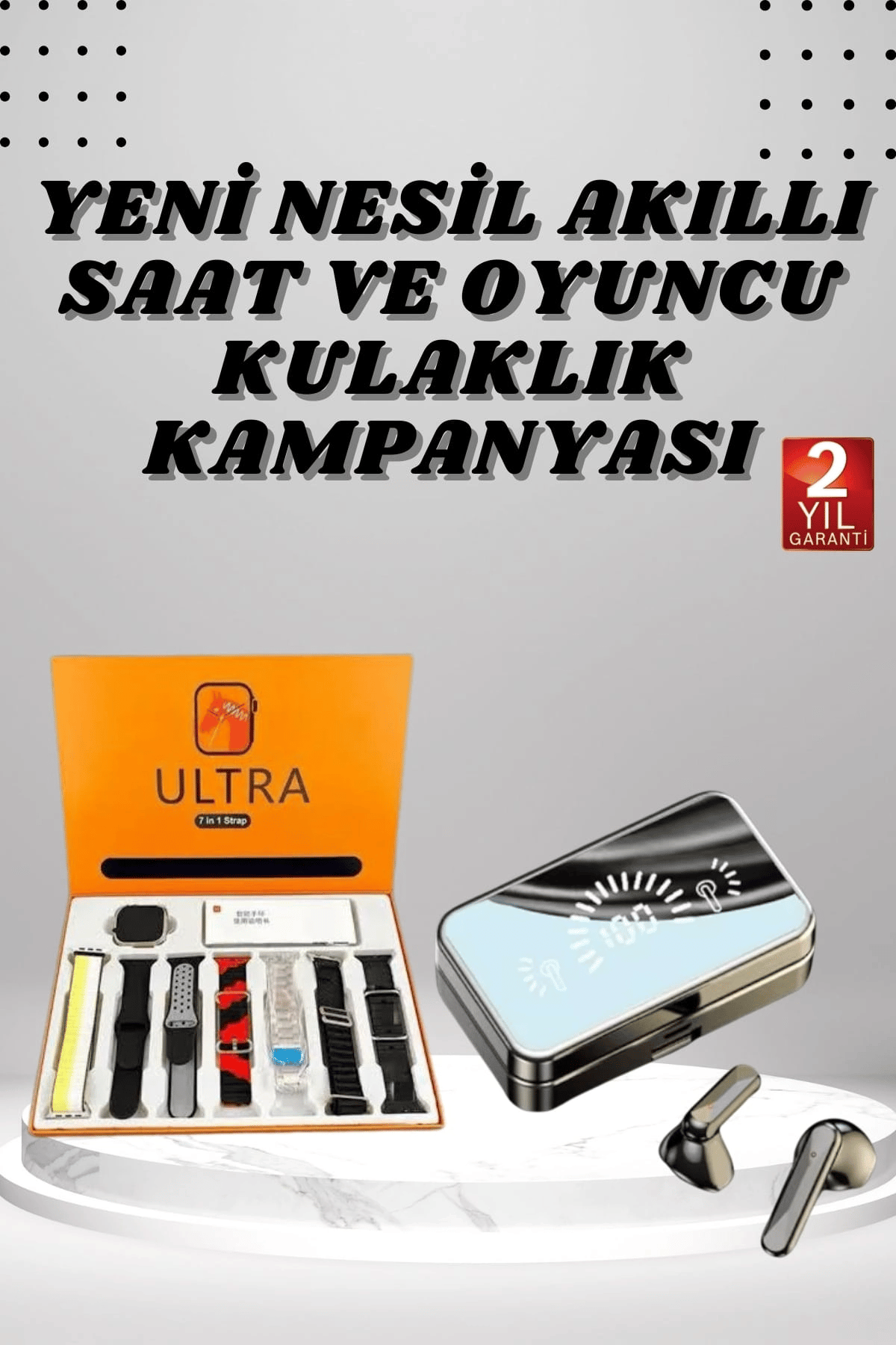 Aynalı Bluetooth Kulaklık ve 7 Kordonlu Akıllı Saat Dijital Göstergeli Uzun Pil Ömrü