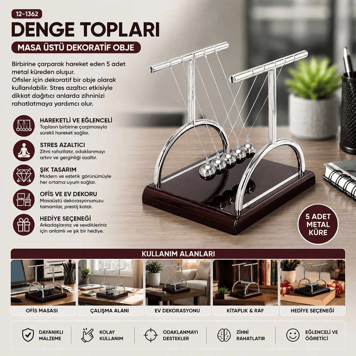 Balance Balls Büyük Newton - Metal Denge Topları Masa Üstü Bx40