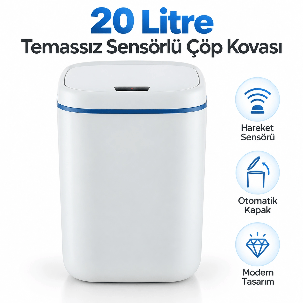 Banyo İçin 20 Litre Temassız Sensörlü Çöp Kovası Beyaz
