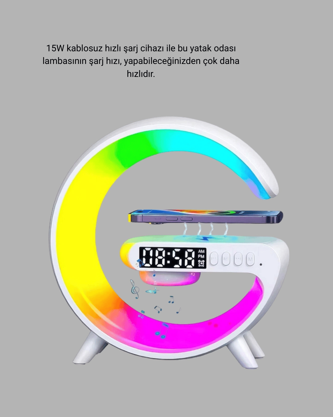 Başucu İçin Tasarlanmış Kablosuz Şarjlı Gece Lambası ve Bluetooth Ses Sistemi