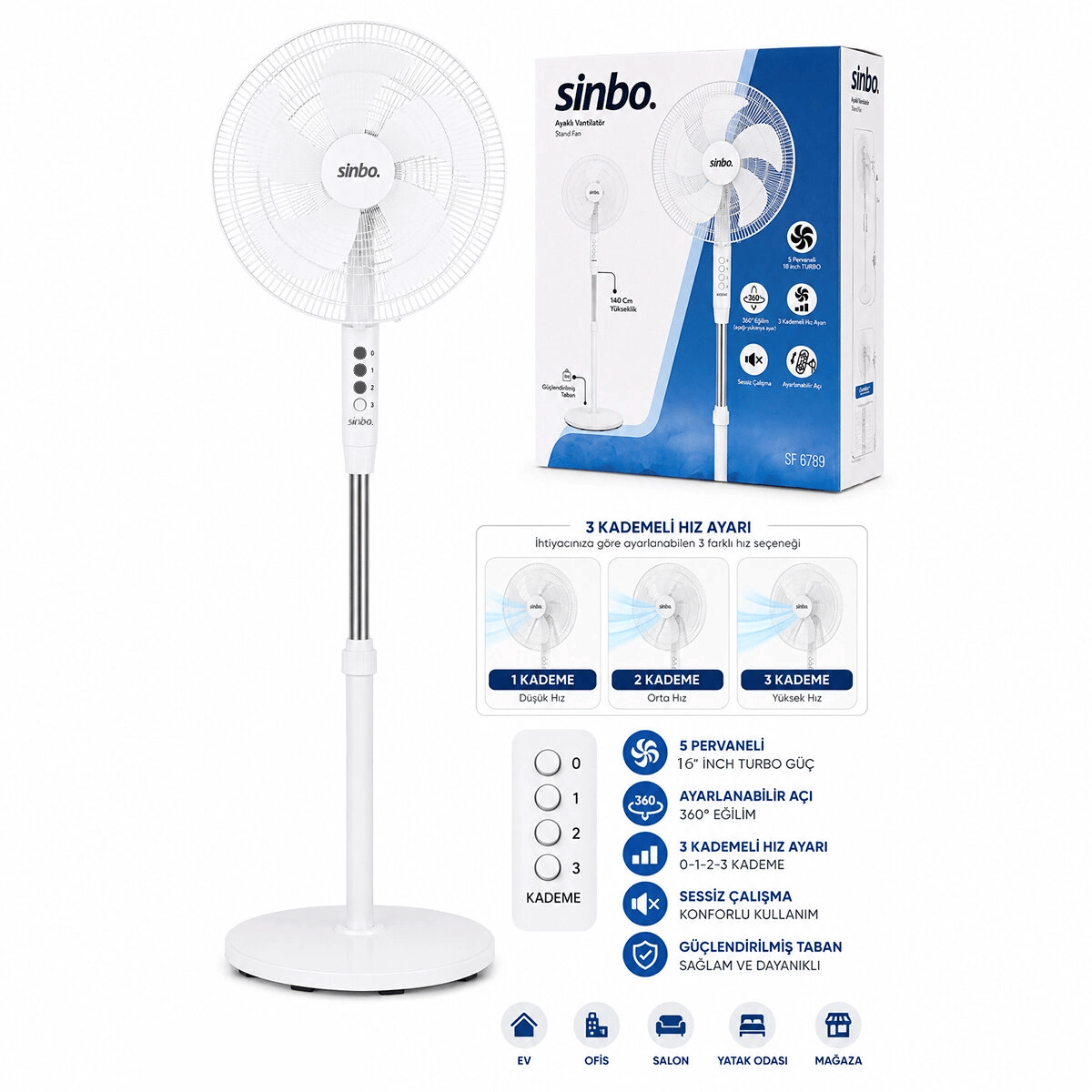 Beyaz 5 Pervane - 16 Inc Ev - Ofis Kompakt - Sessiz - Üç Kademe 140cm Yükseklik Ayaklı Vantilatör Sf-6789 Bx40