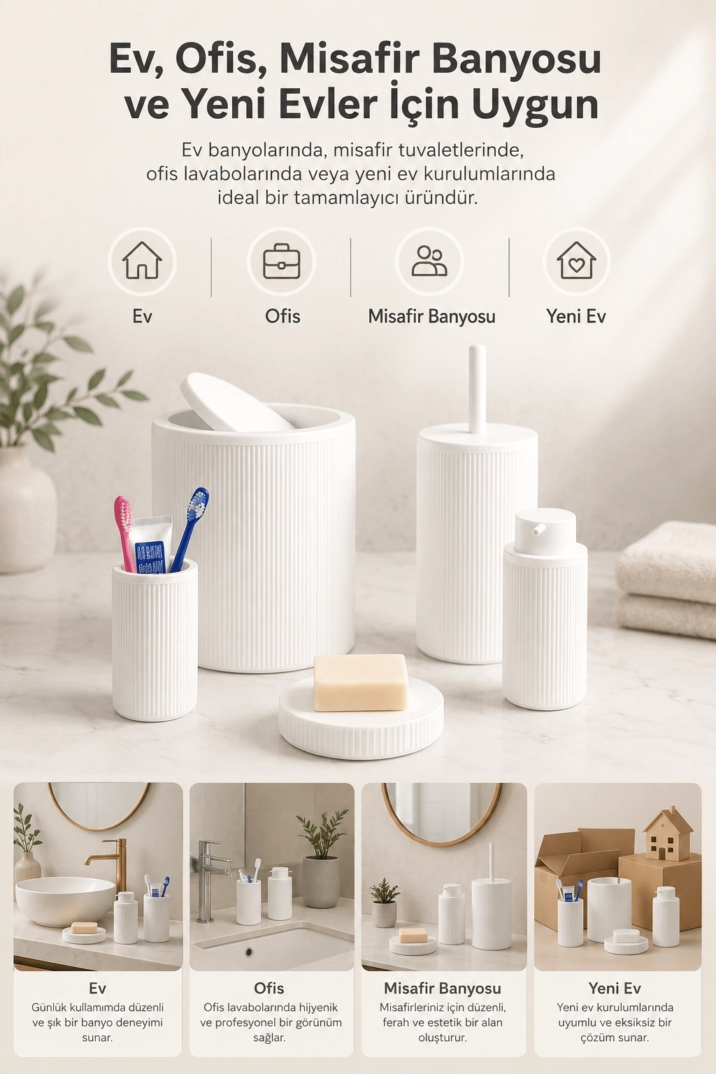 Beyaz Banyo Düzenleyici Set 5 Parça Çöp Kovası Tuvalet Fırçası Sabunluk Fırçalık