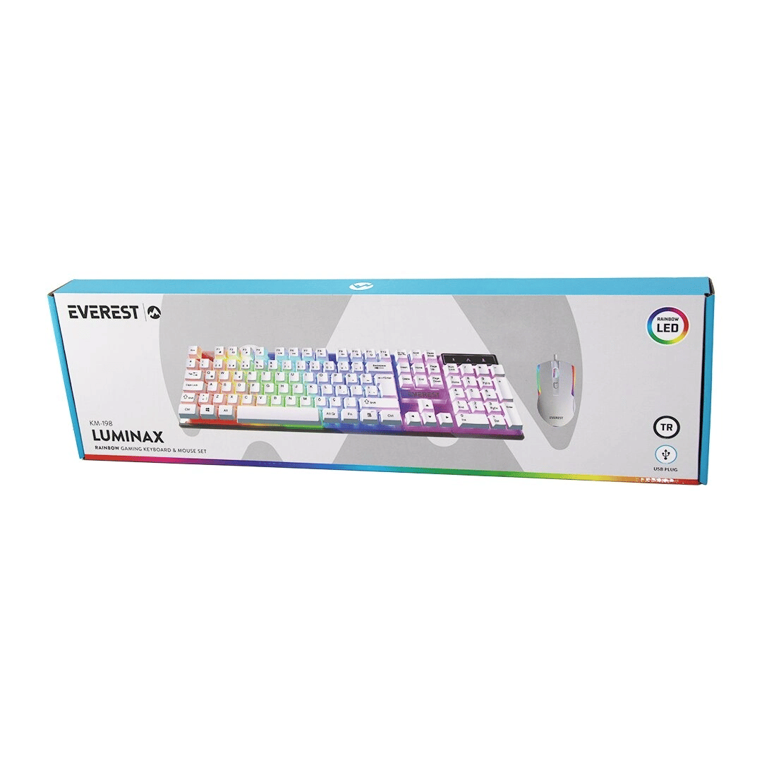 Beyaz Gökkuşağı Işıklı Usb Kablolu Oyuncu Klavye - Mouse Set Bx40
