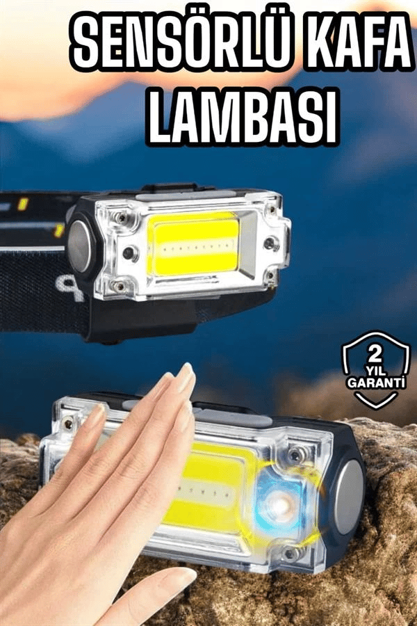Beyaz Led Işık Sensörlü Kafa Lambası Lityum Batarya Led El Fenerli Şarjlı