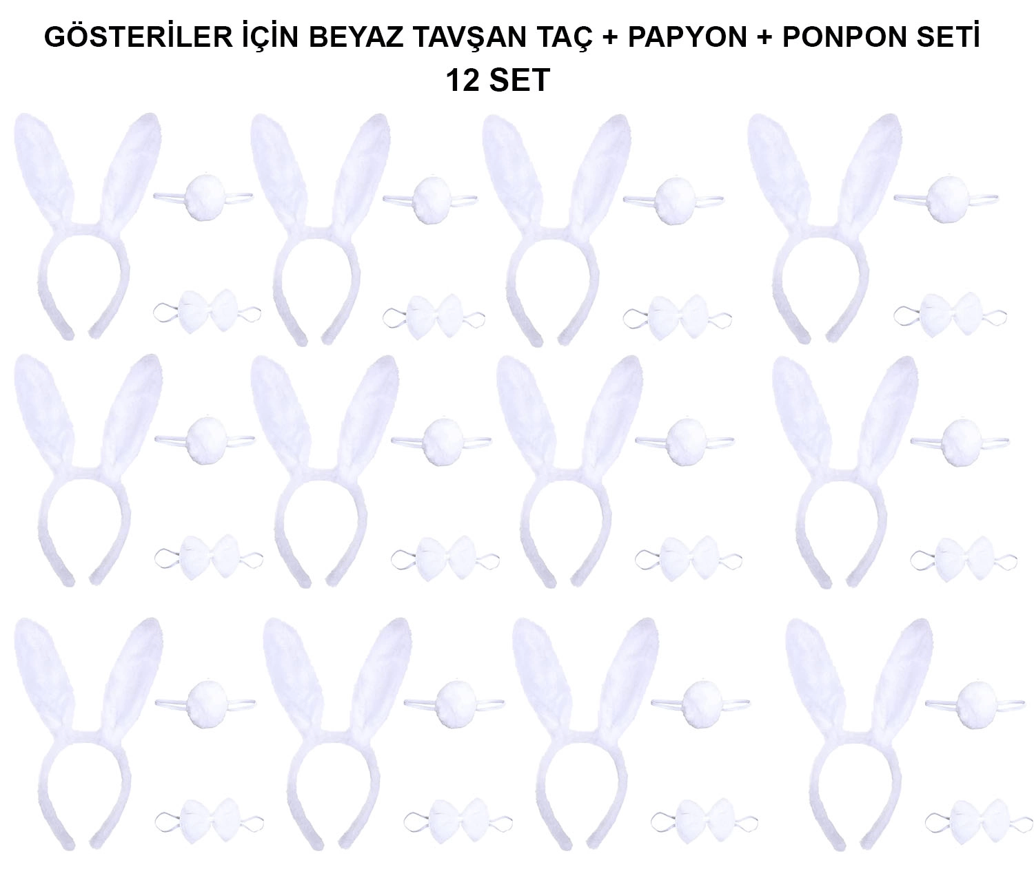 Beyaz Tavşan Kostüm Seti – Taç, Papyon, Kuyruk (12’li Paket) Bx40