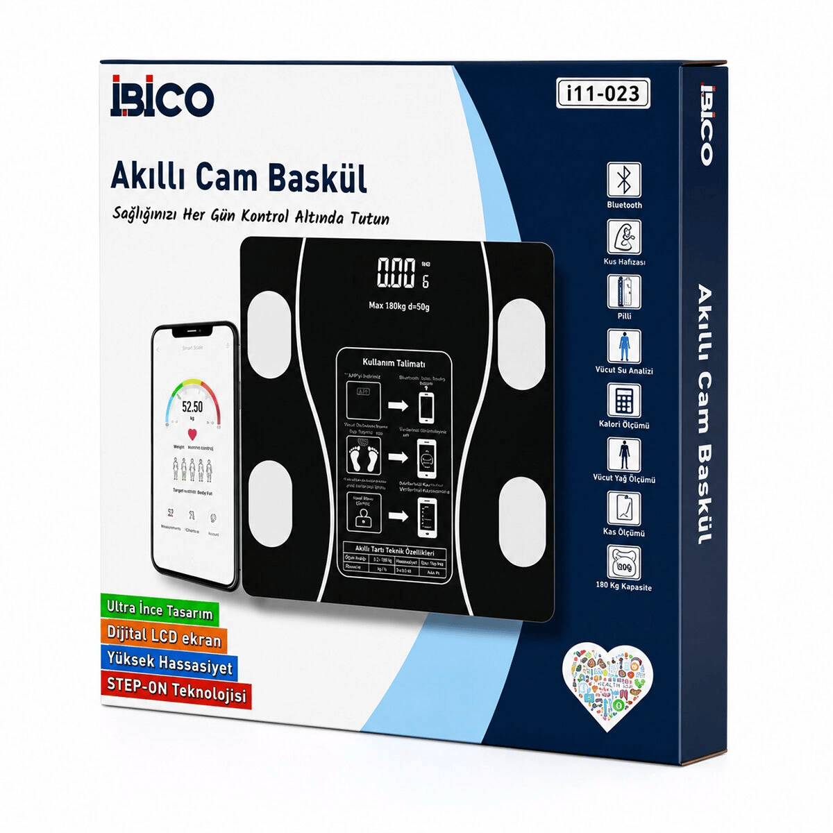 Bluetooth - Vücut Analizli Dijital Baskül Terazi Tartı 180kg/50g Yağ - Su - Kas Oran - Bmı İ11-023 Bx40
