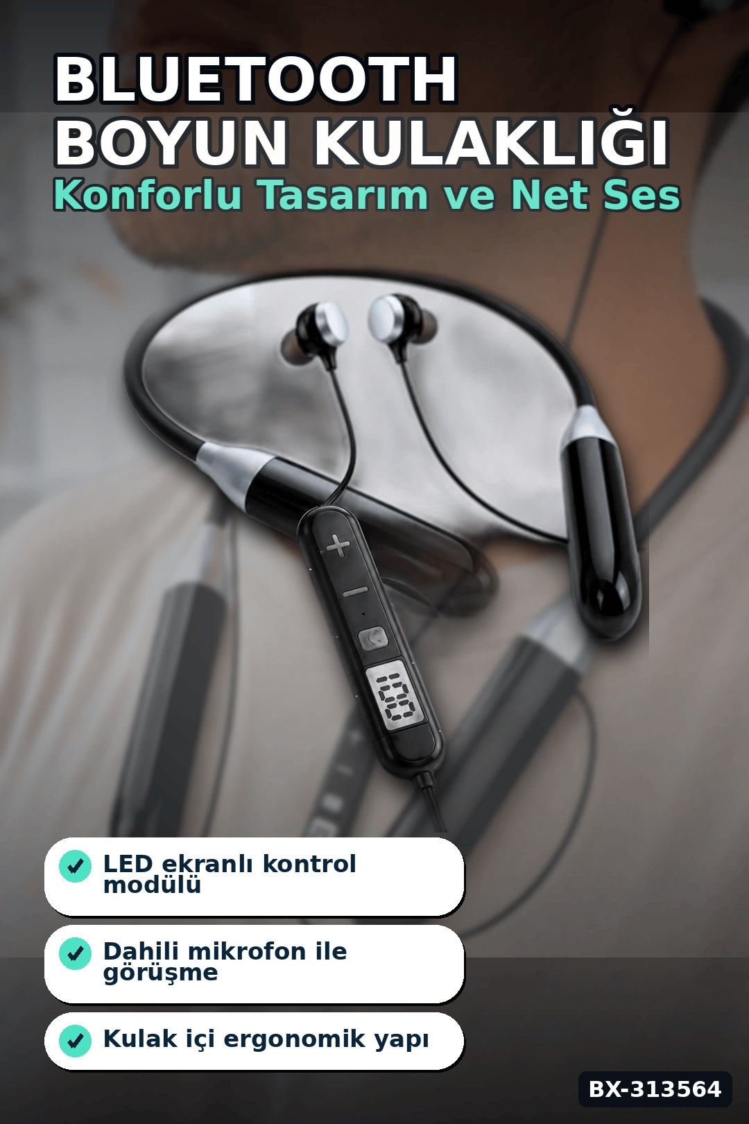 Bluetooth 4.0 Boyun Kulakligi Mikrofonlu Ses Kontrollu 400 Saat Bekleme Suresi 10m Menzil BX-313564