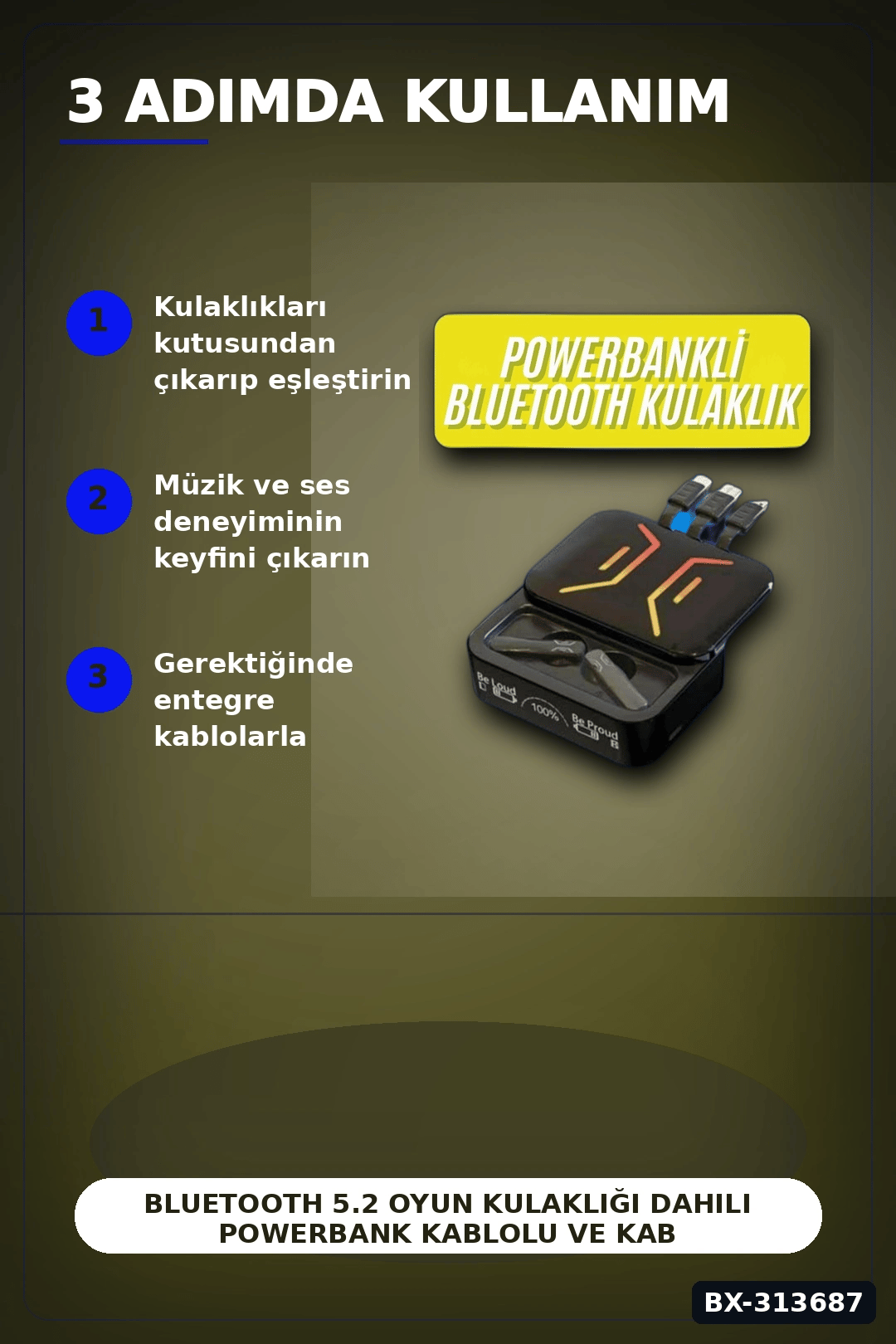 Bluetooth 5.2 Oyun Kulaklığı Dahili Powerbank Kablolu Ve Kablosuz Düşük Gecikme 1 Adet BX-313687