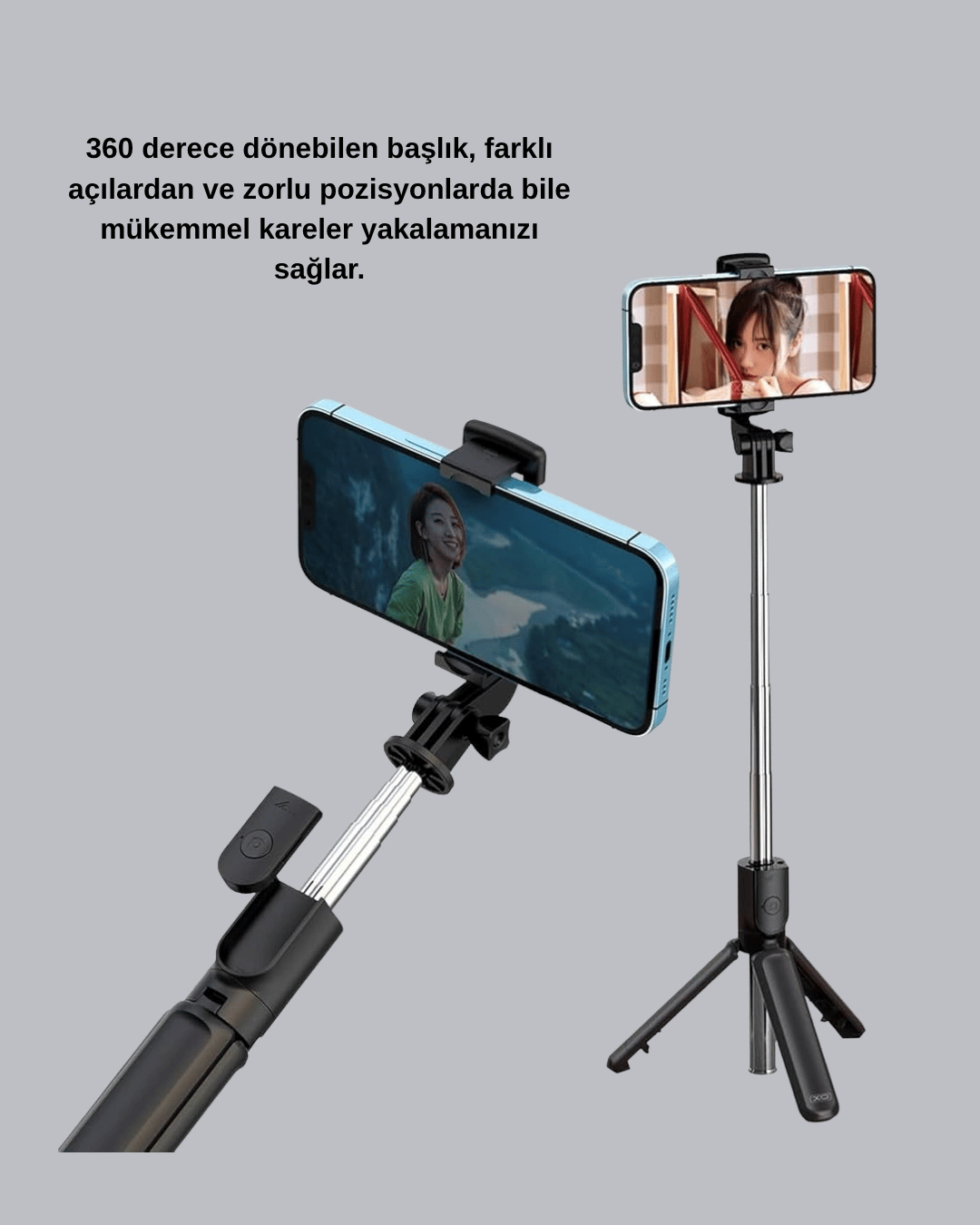 Bluetooth Selfie Çubuğu – 360° Dönebilen Başlık, Kablosuz Bağlantı