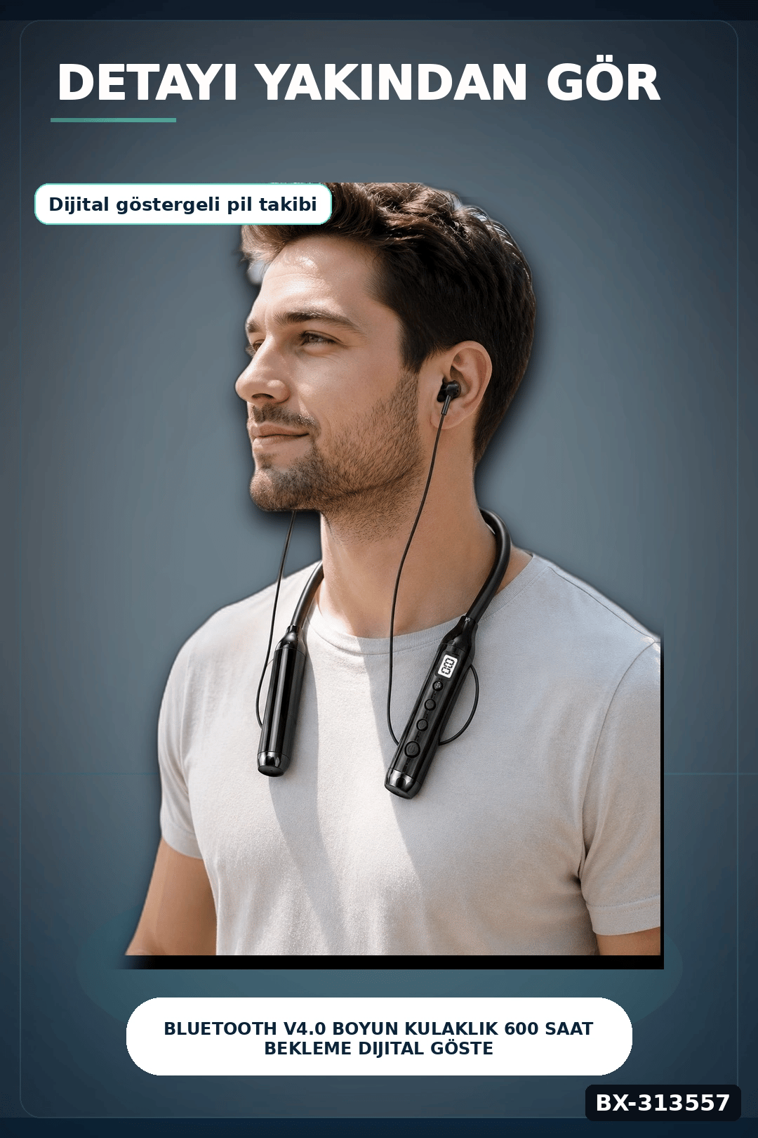 Bluetooth V4.0 Boyun Kulaklık 600 Saat Bekleme Dijital Göstergeli Çift Cihaz Bağlantılı BX-313557
