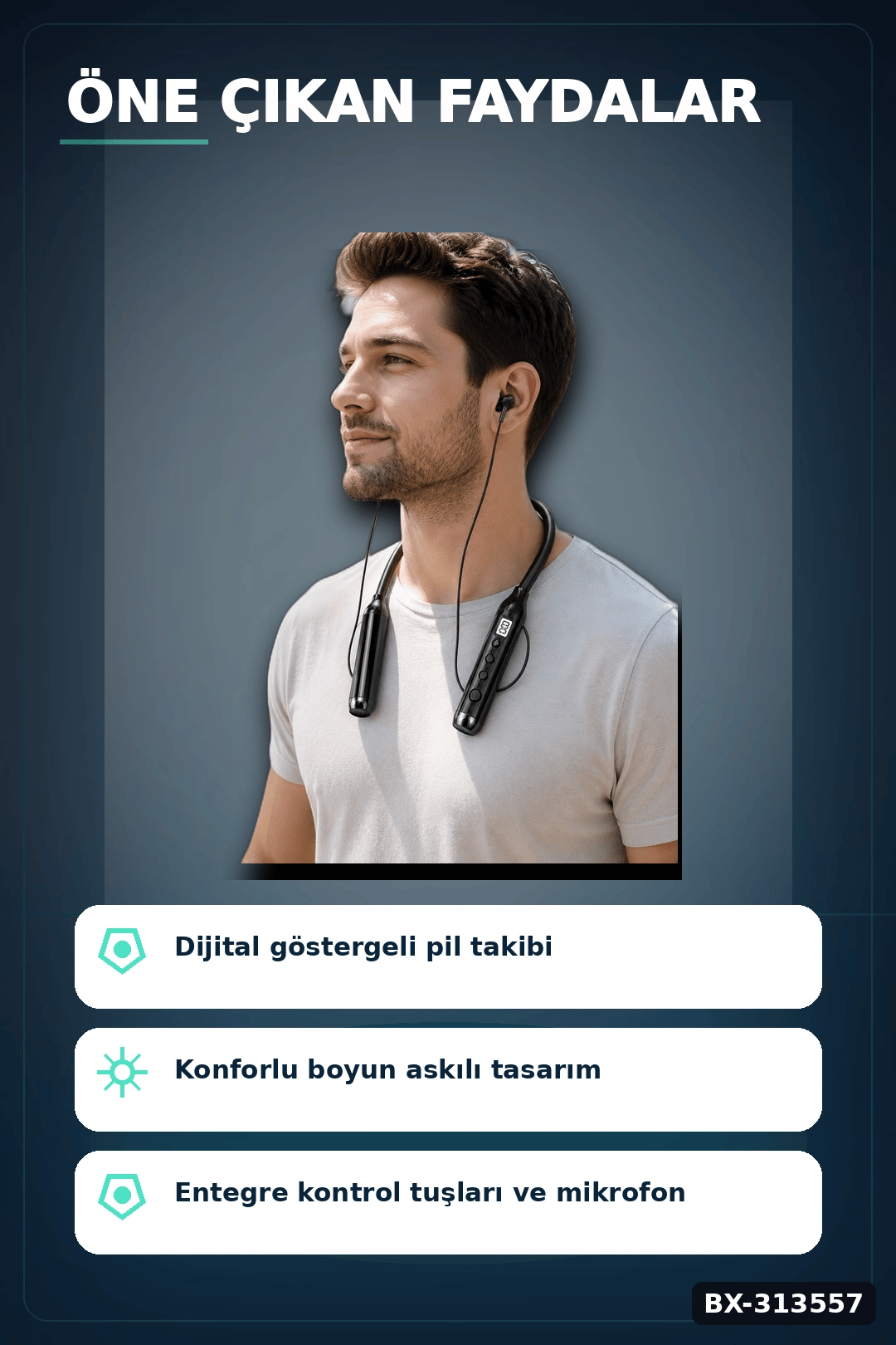 Bluetooth V4.0 Boyun Kulaklık 600 Saat Bekleme Dijital Göstergeli Çift Cihaz Bağlantılı BX-313557