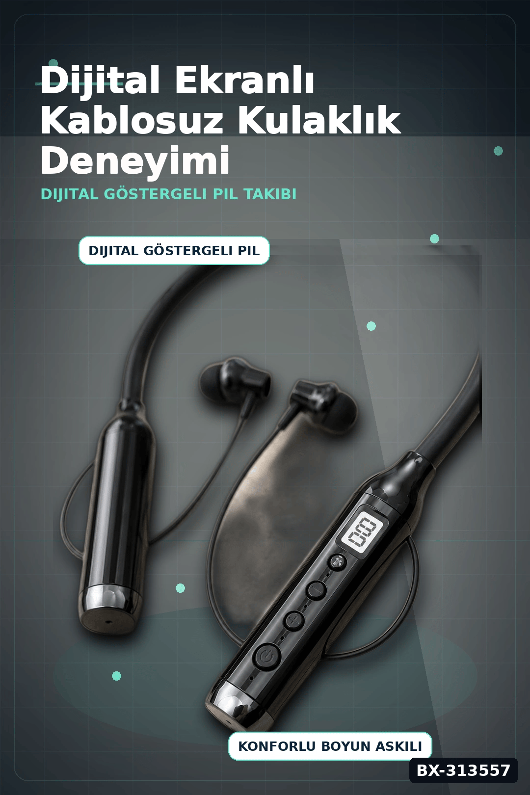 Bluetooth V4.0 Boyun Kulaklık 600 Saat Bekleme Dijital Göstergeli Çift Cihaz Bağlantılı BX-313557